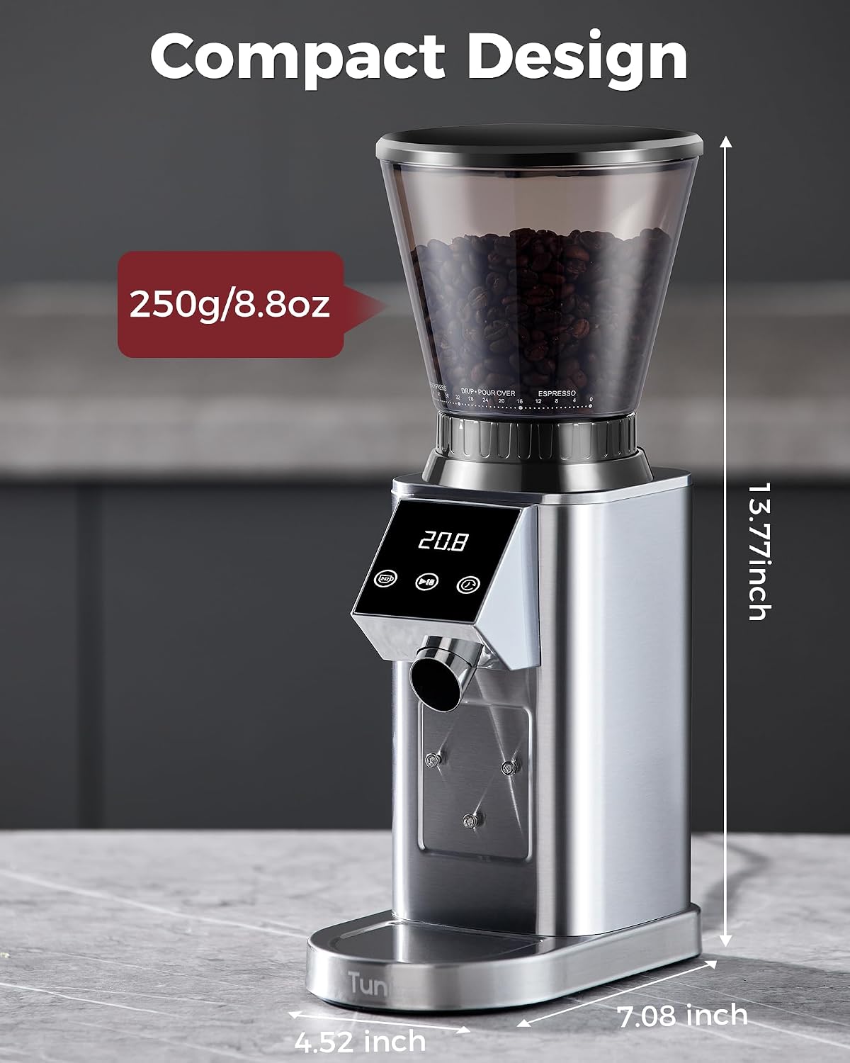 Tuni G1 Silver Conical Burr Coffee Grinder with Black Digital Coffee Scale, 48 Grind Settings Anti-static Coffee Bean Espresso Grinder for Espresso/Drip/Cold Brew/French Press - Image 5