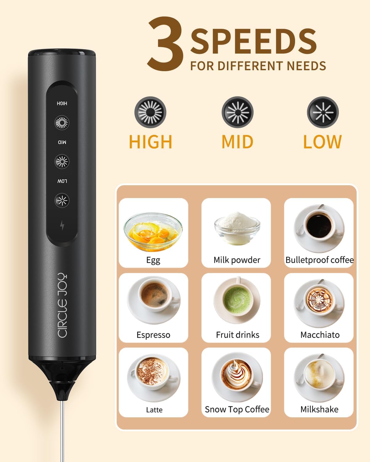 CIRCLE JOY Rechargeable Handheld Milk Frother Wand with Stand, 3 Variable Speeds, 3 Whisks and Storage Box, Electric Drink Mixer for Latte, Cappuccino, Hot Chocolate, Eggs and Protein Powder, Black - Image 2