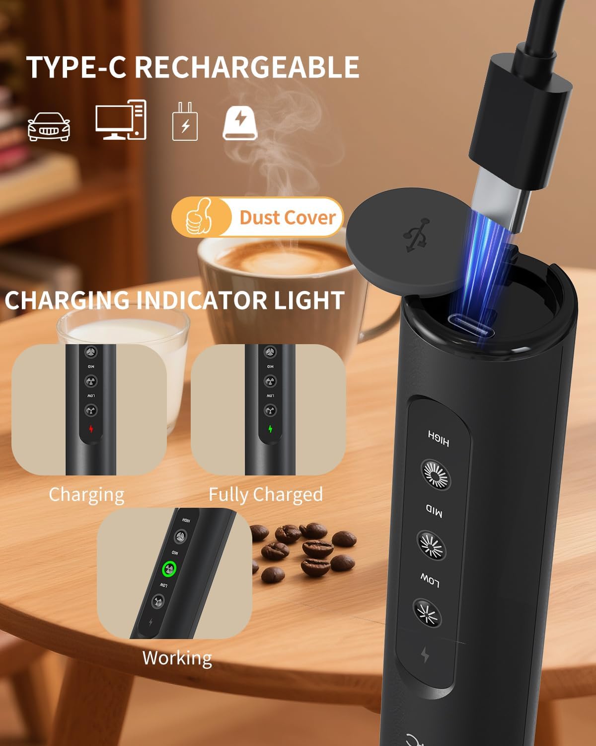 CIRCLE JOY Rechargeable Handheld Milk Frother Wand with Stand, 3 Variable Speeds, 3 Whisks and Storage Box, Electric Drink Mixer for Latte, Cappuccino, Hot Chocolate, Eggs and Protein Powder, Black - Image 4