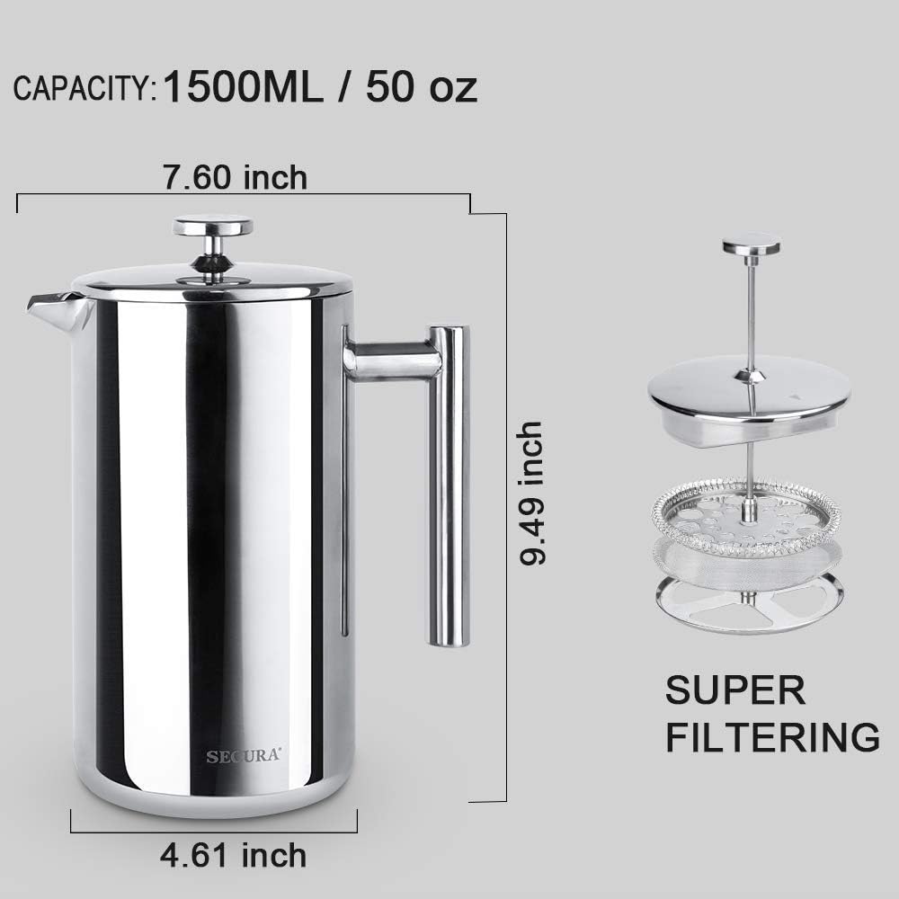 Secura French Press Coffee Maker, 304 Grade Stainless Steel Insulated Coffee Press with 2 Extra Screens, 50oz (1.5 Litre), Silver - Image 5