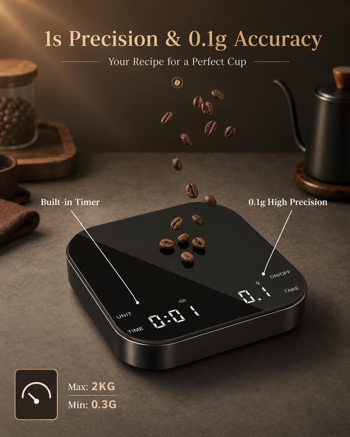 Coffee Scale with Timer, 0.1g Precision Mini Espresso Scale | USB-C Rechargeable Digital Kitchen Gram Meter, 6 Units, Fits Drip Tray, for Pour Over, Barista, Matcha (Black, 0.3-2000g) - Image 5