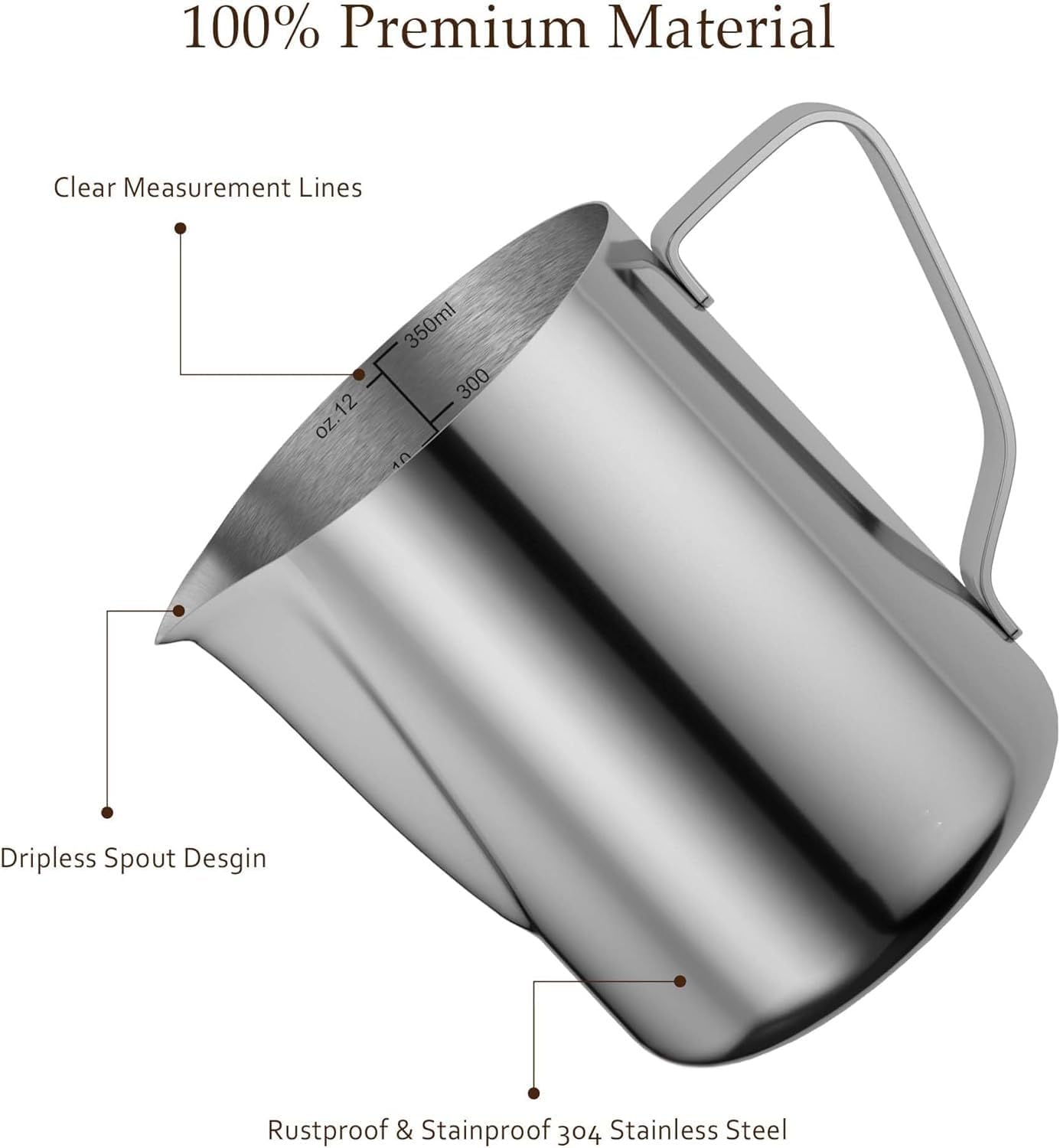 12oz Stainless Steel Milk Frothing Pitcher, Professional Barista Espresso Steaming Pitcher, Milk Frother Jug for Latte Art, Cappuccino & Coffee Making - Image 2