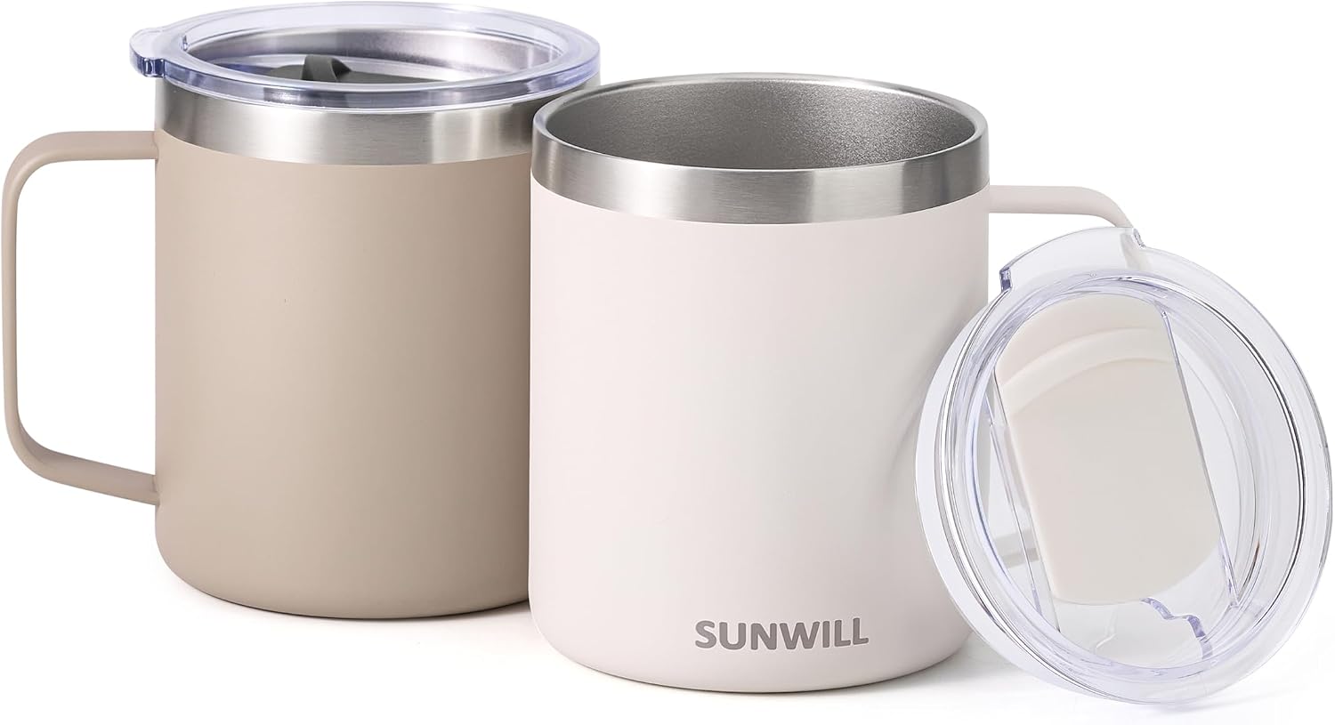 SUNWILL Travel Coffee Mug Set of 2, Insulated Tumbler with Lid, 14oz Stainless Steel Cup with Handle for Camping, Office, Home, Powder Coated Cream & Taupe - Image 2