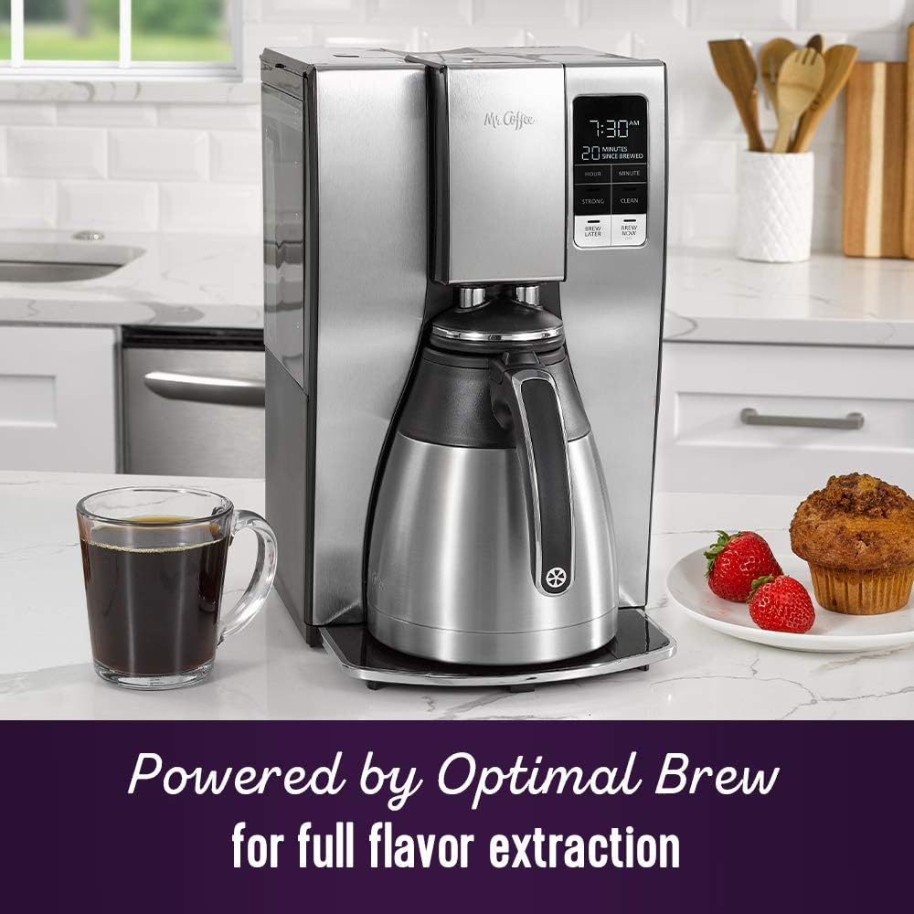 Mr. Coffee 10-Cup Programmable Coffee Maker, Insulated Thermal Carafe, Brew Strength Selection, Brew Now or Later, Stainless Steel - Image 2