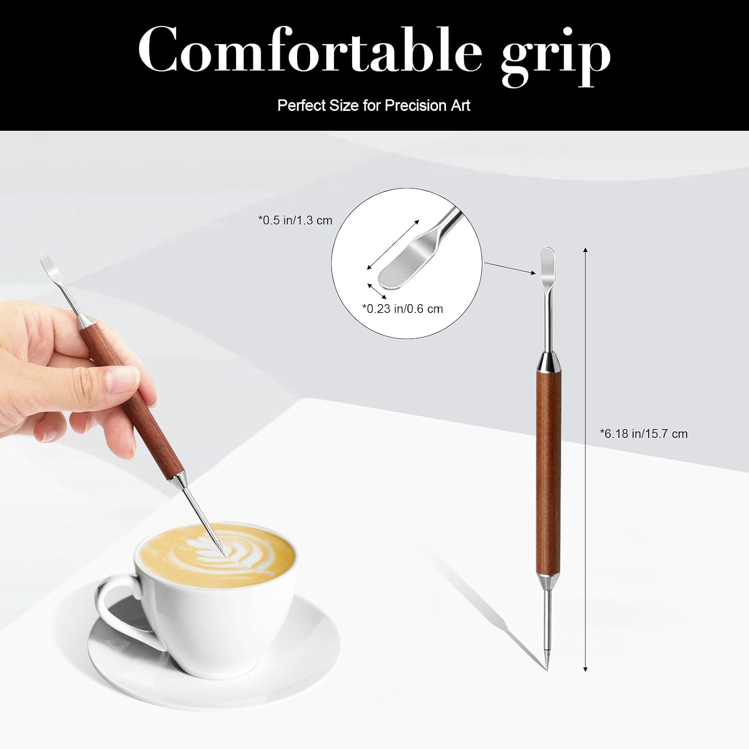 2-Pack Latte Art Pen Set, Stainless Steel Coffee Drawing Tool with Wood Handle, Double-Ended Barista Accessories for Creating Professional Espresso Tools, Home & Travel & Cafe Use - Image 2