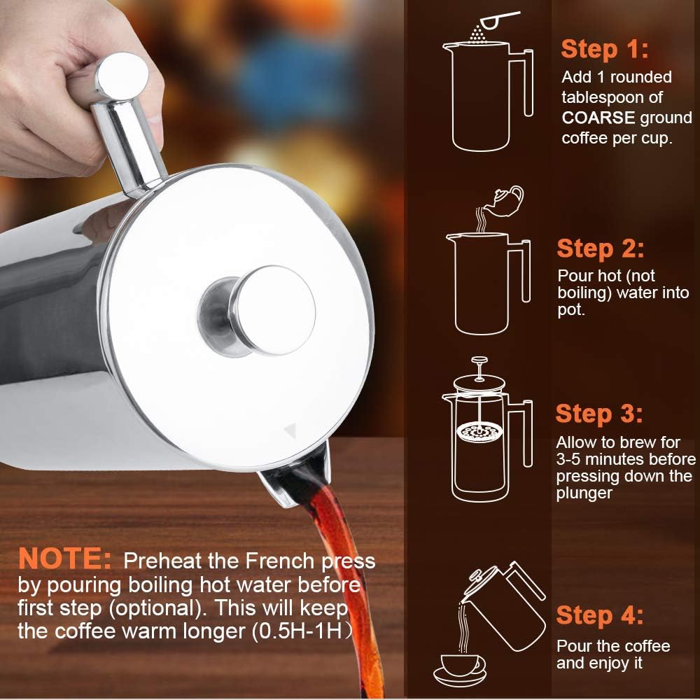 Secura French Press Coffee Maker, 304 Grade Stainless Steel Insulated Coffee Press with 2 Extra Screens, 50oz (1.5 Litre), Silver - Image 3