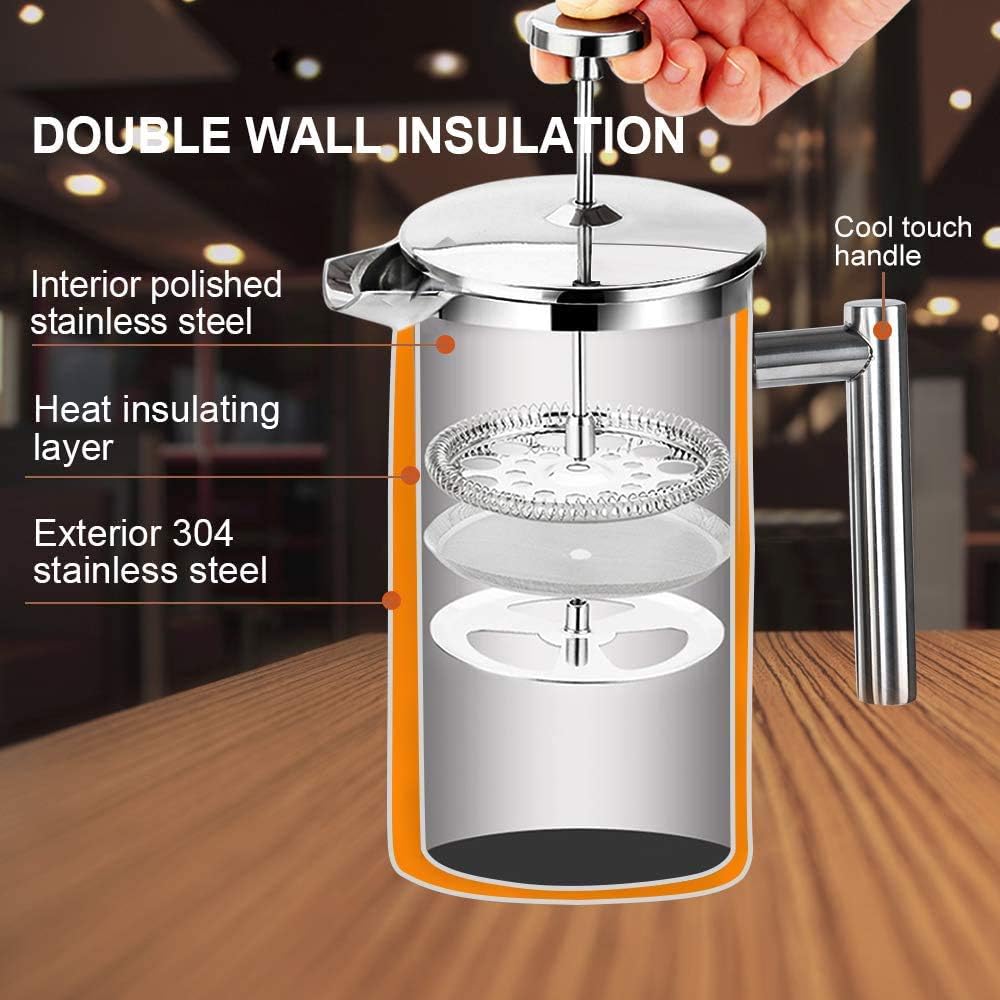Secura French Press Coffee Maker, 304 Grade Stainless Steel Insulated Coffee Press with 2 Extra Screens, 50oz (1.5 Litre), Silver - Image 2