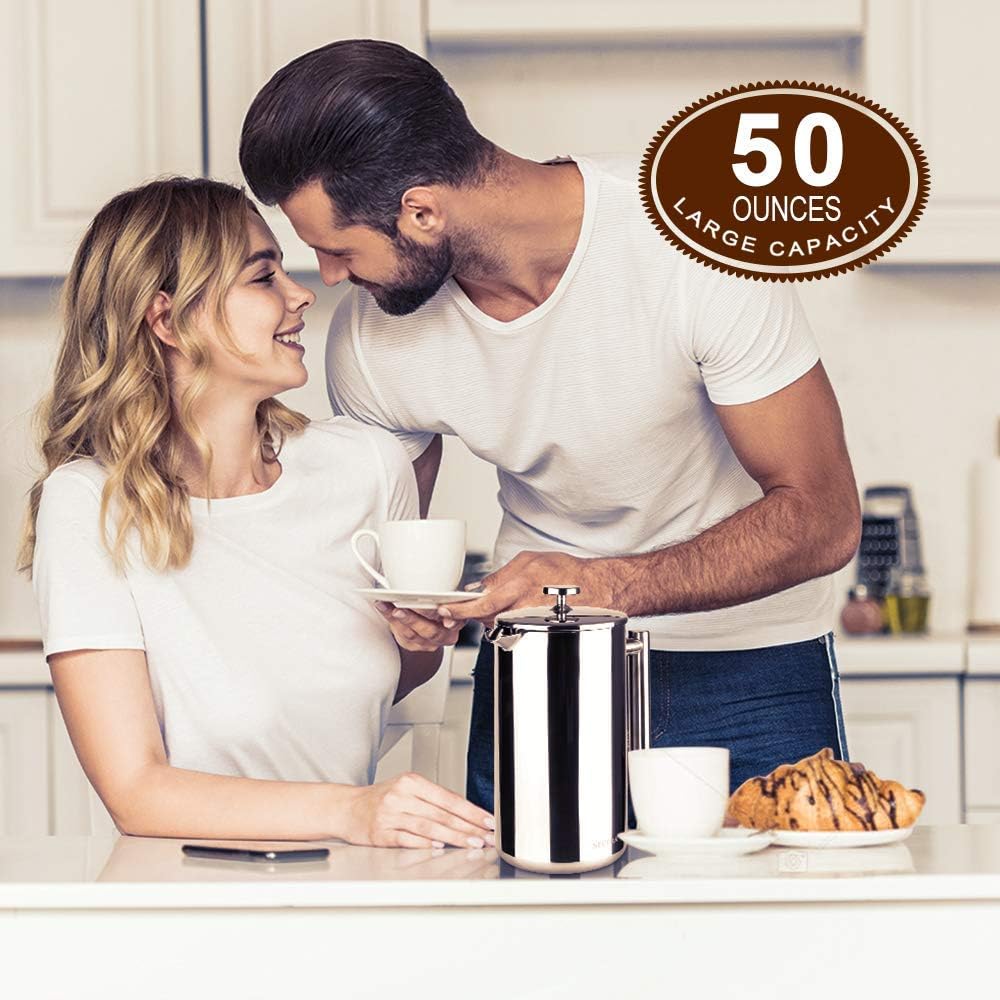 Secura French Press Coffee Maker, 304 Grade Stainless Steel Insulated Coffee Press with 2 Extra Screens, 50oz (1.5 Litre), Silver - Image 6