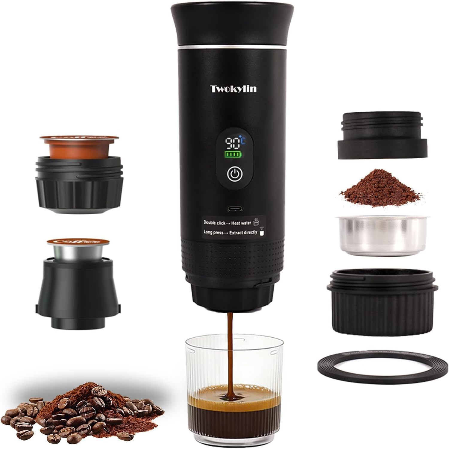 Portable coffee maker Espresso machine,Small battery-powered coffee cup Self-heating portable espresso capsule machine,3-IN-1 with ground coffee and capsules Great for hiking and camping