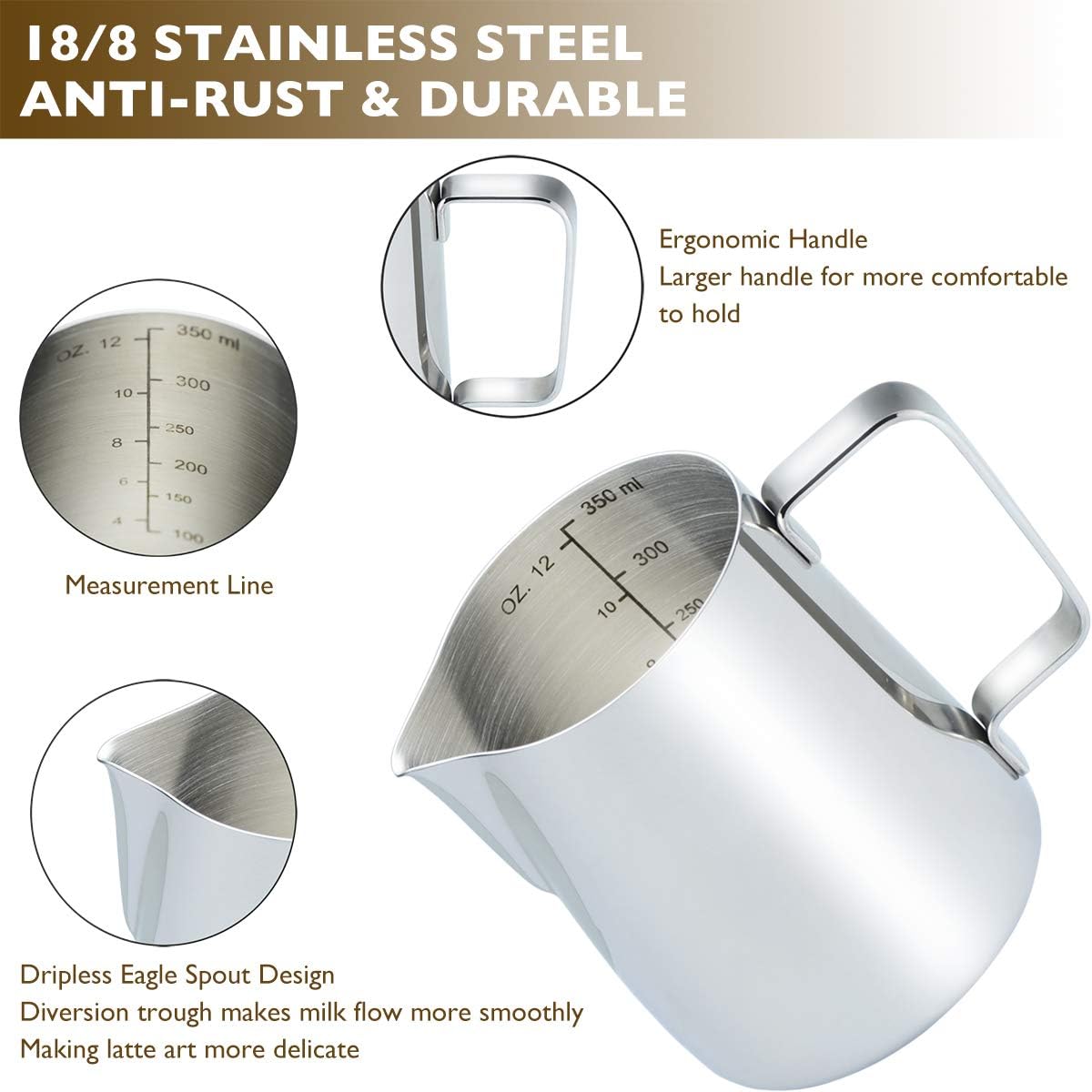 CAMKYDE Stainless Steel Milk Frothing Pitcher 12 oz, Espresso Steaming Pitcher with Decorating Pen for Espresso Machines, Cappuccino, Latte Art (Silver) - Image 4