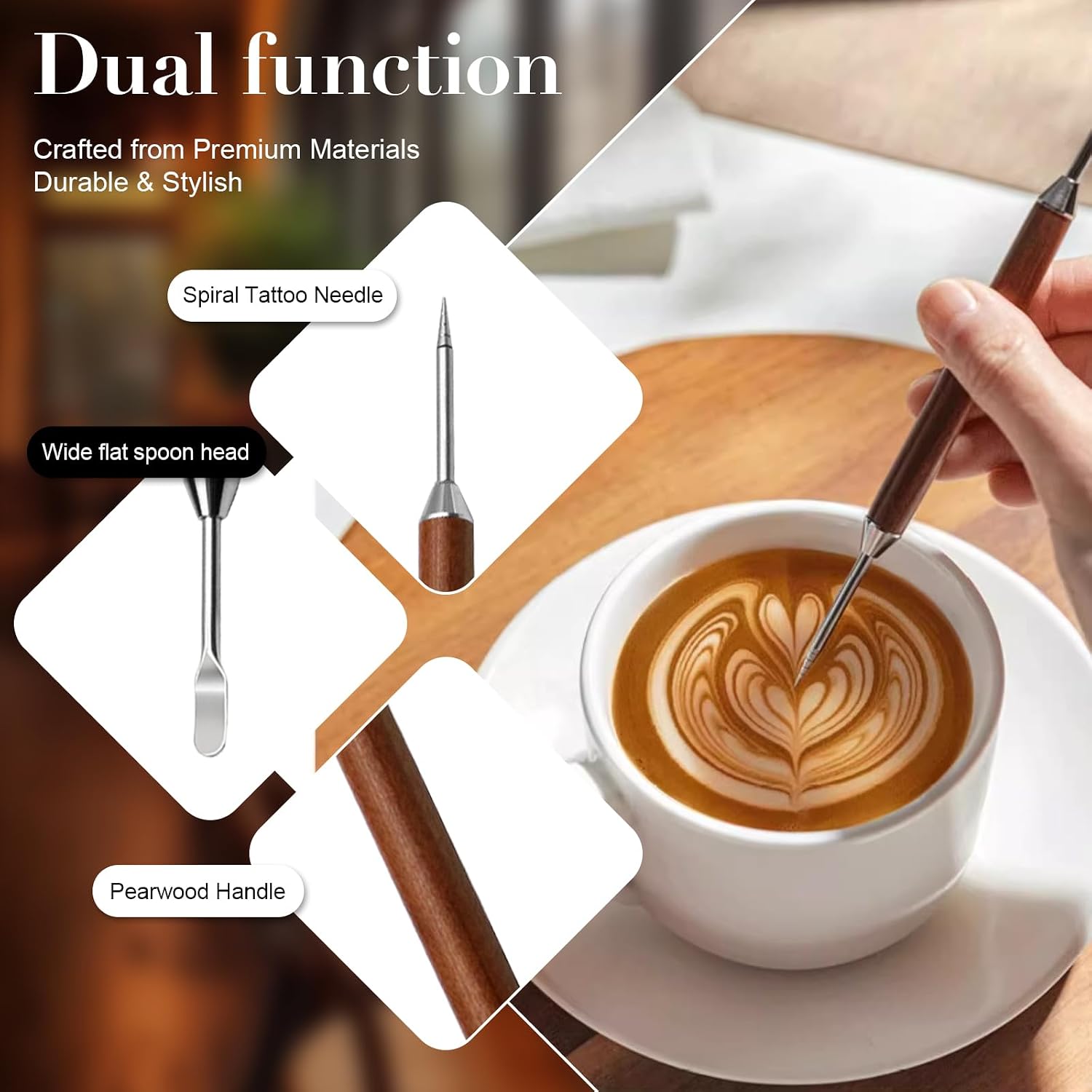 2-Pack Latte Art Pen Set, Stainless Steel Coffee Drawing Tool with Wood Handle, Double-Ended Barista Accessories for Creating Professional Espresso Tools, Home & Travel & Cafe Use - Image 5
