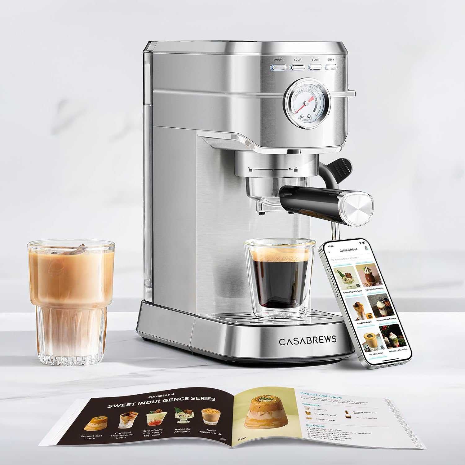 CASABREWS CM5418 Compact Espresso Machine with Milk Frothing Steam Wand | Stainless Steel, 20-Bar Pump, Built-in Pressure Gauge, Powerful Steam Wand for Cappuccino Latte for Home, 34oz Water Tank - Image 7
