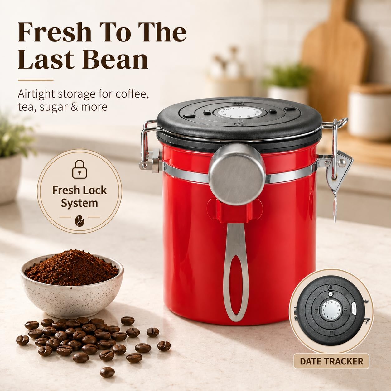 Mixpresso 16 Oz Red Coffee Canister, Stainless Steel Airtight Coffee Container, Air tight Jar Tea Storage with Date Tracker, Vacuum Sealed Espresso Airtight Canister, Sugar Container for Home - Image 2