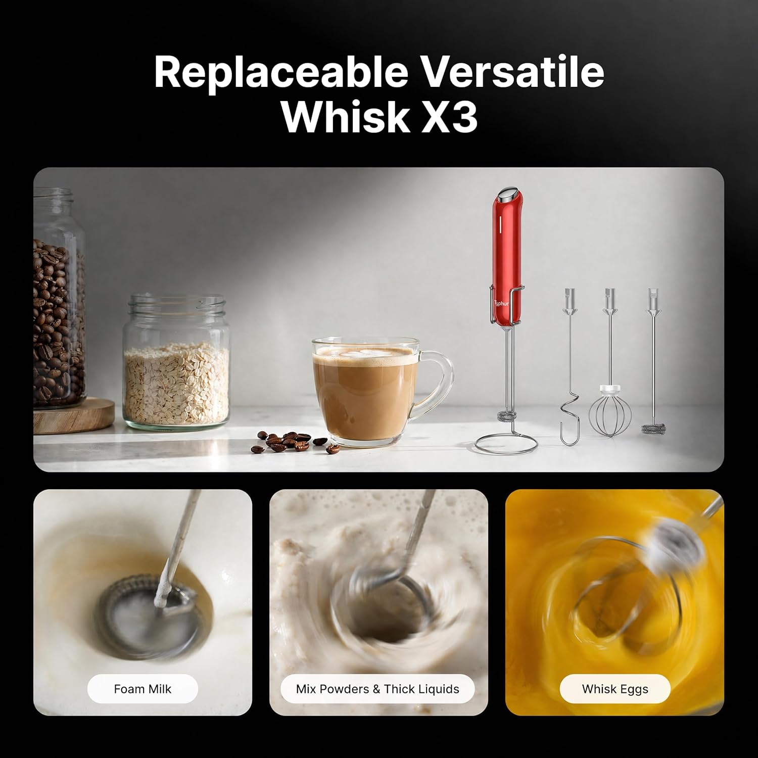 InstaWhisk Milk Frother with Variable Speed, Rechargeable Coffee Frother Wand with Detachable Double Whisk, Handheld Electric Stirrer for Latte, Cappuccino, Matcha, Almond Milk, Protein, Red - Image 3