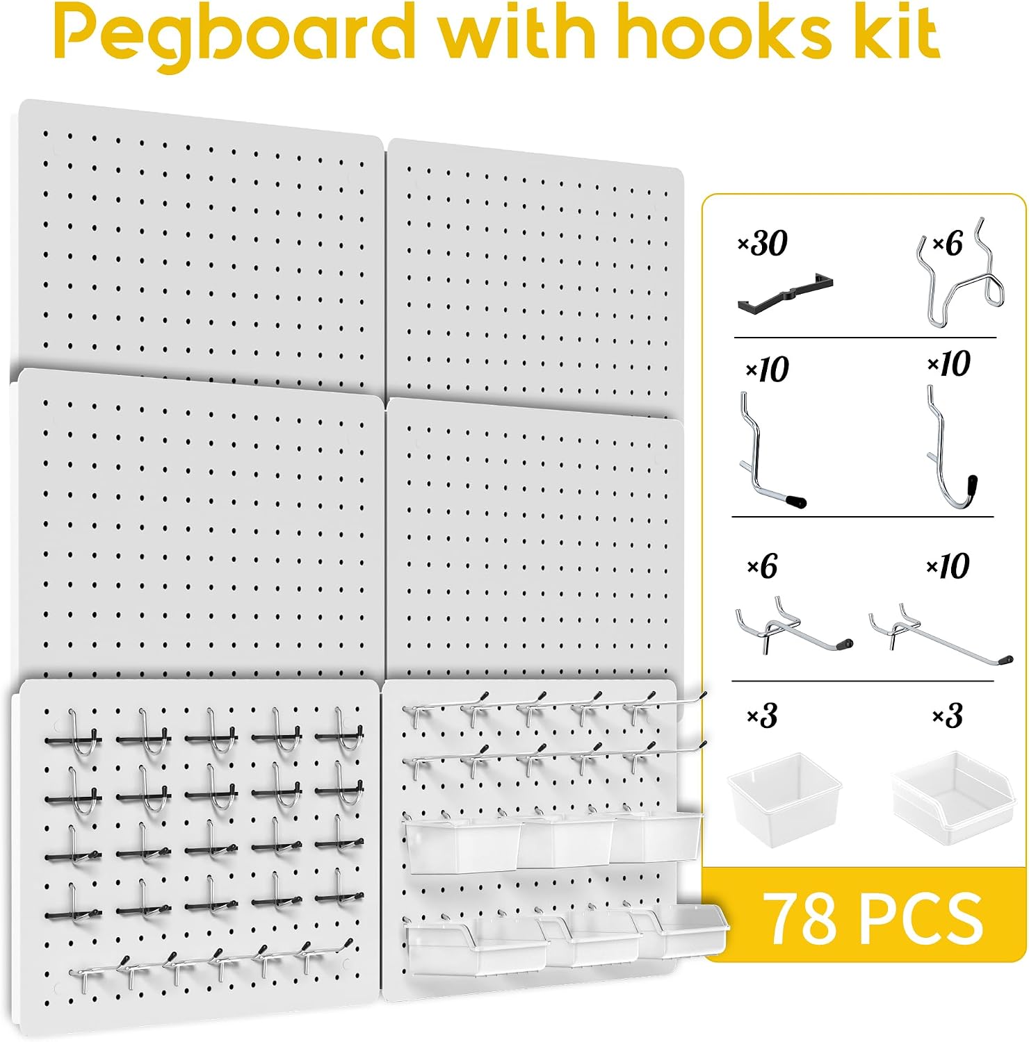 Metal Pegboard for Tools, 6 Pack White Wall Organizer with Hooks | 12"x16" steel panels with 36 hooks, 6 bins and peg locks for garage tools, kitchen, office and craft storage - Image 2