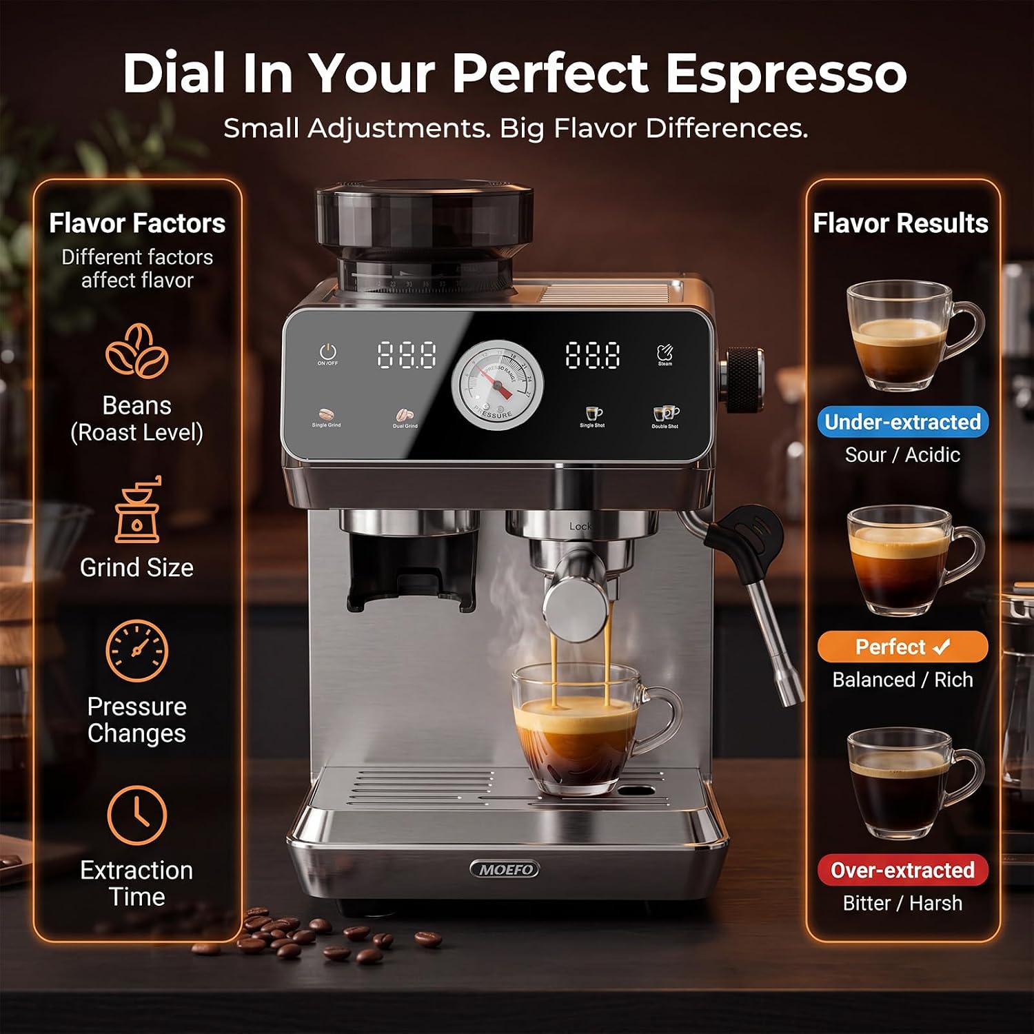 Espresso Machine with Grinder, 20-Bar Programmable Semi-Automatic Coffee Maker, Visual Pressure Gauge & Touchscreen, Compact Design with Tamper, Make Americano, Latte, Cold Brew, Silver - Image 6