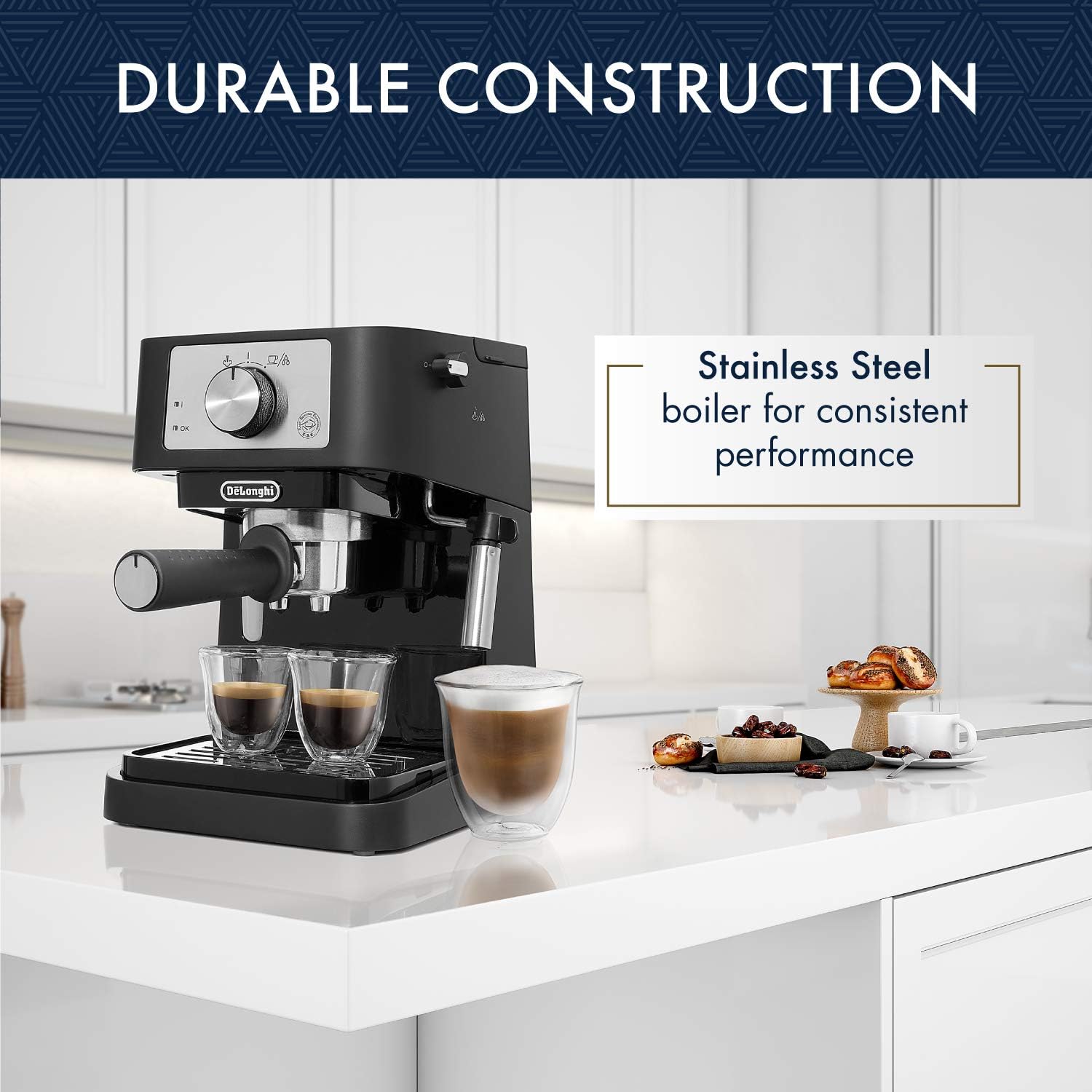 De'Longhi Stilosa Manual Espresso Machine, Compact Coffee Maker, 15 Bar Pump Pressure, Manual Milk Frother Steam Wand for Authentic Single & Double Espresso, Lattes & Cappuccinos, Tamper Included - Image 4