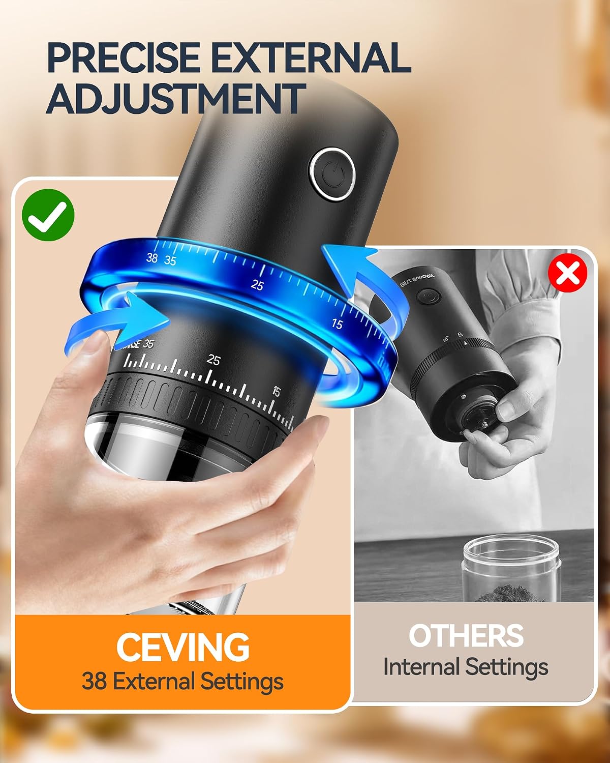 CEVING First Grind-While-Charging Rechargeable Coffee Grinder, 1.7X Faster Grinding with 38 External Adjustable Settings, Conical Ceramic Burrs & 2000mAh Battery, Portable for Travel, Camping, etc. - Image 5