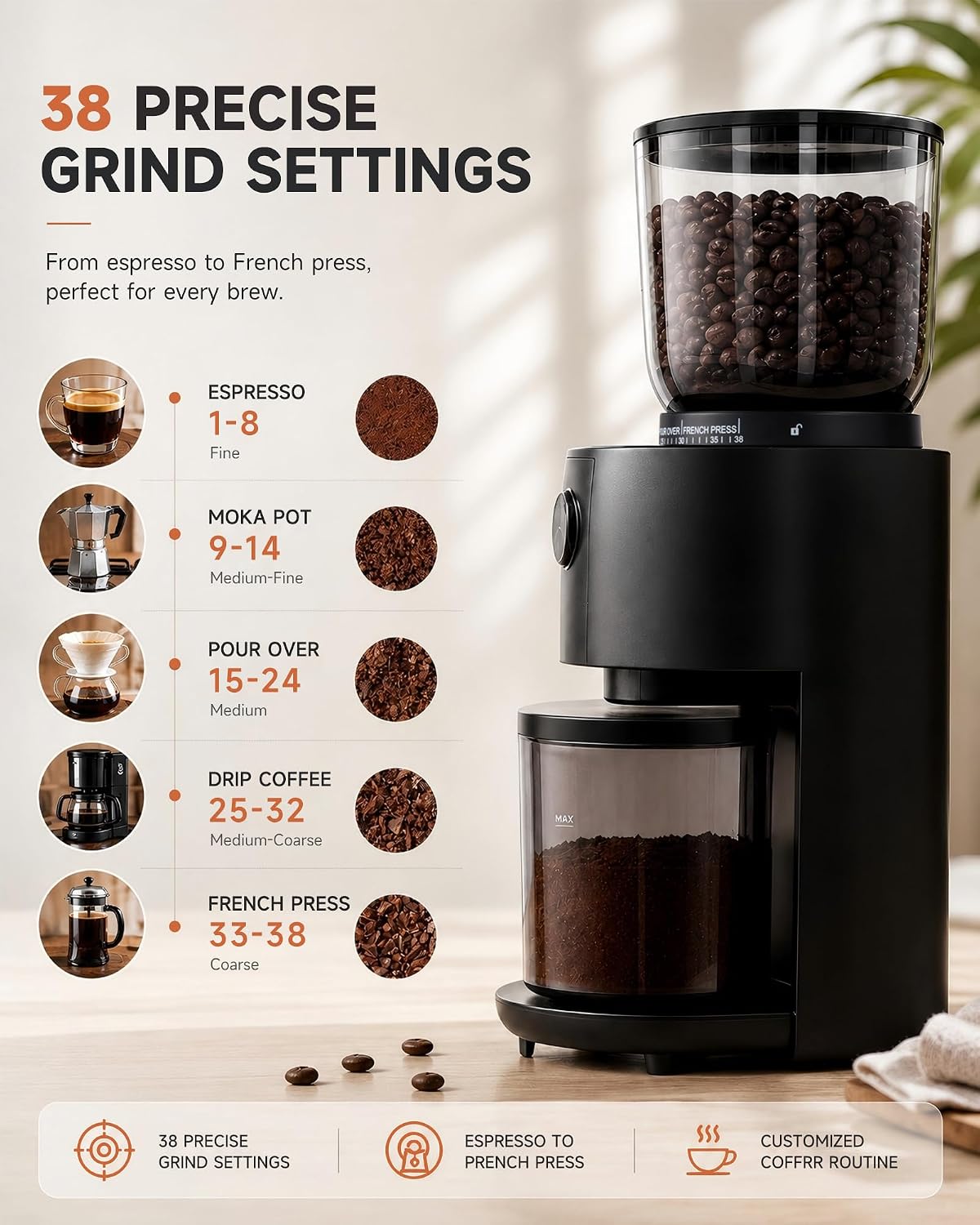 Coffee Grinder, Electric Burr Coffee Grinder with 38 Grind Settings for Espresso, Pour Over & French Press, Conical Burr Coffee Bean Grinder, One-Touch Operation, Easy Clean, Black - Image 2