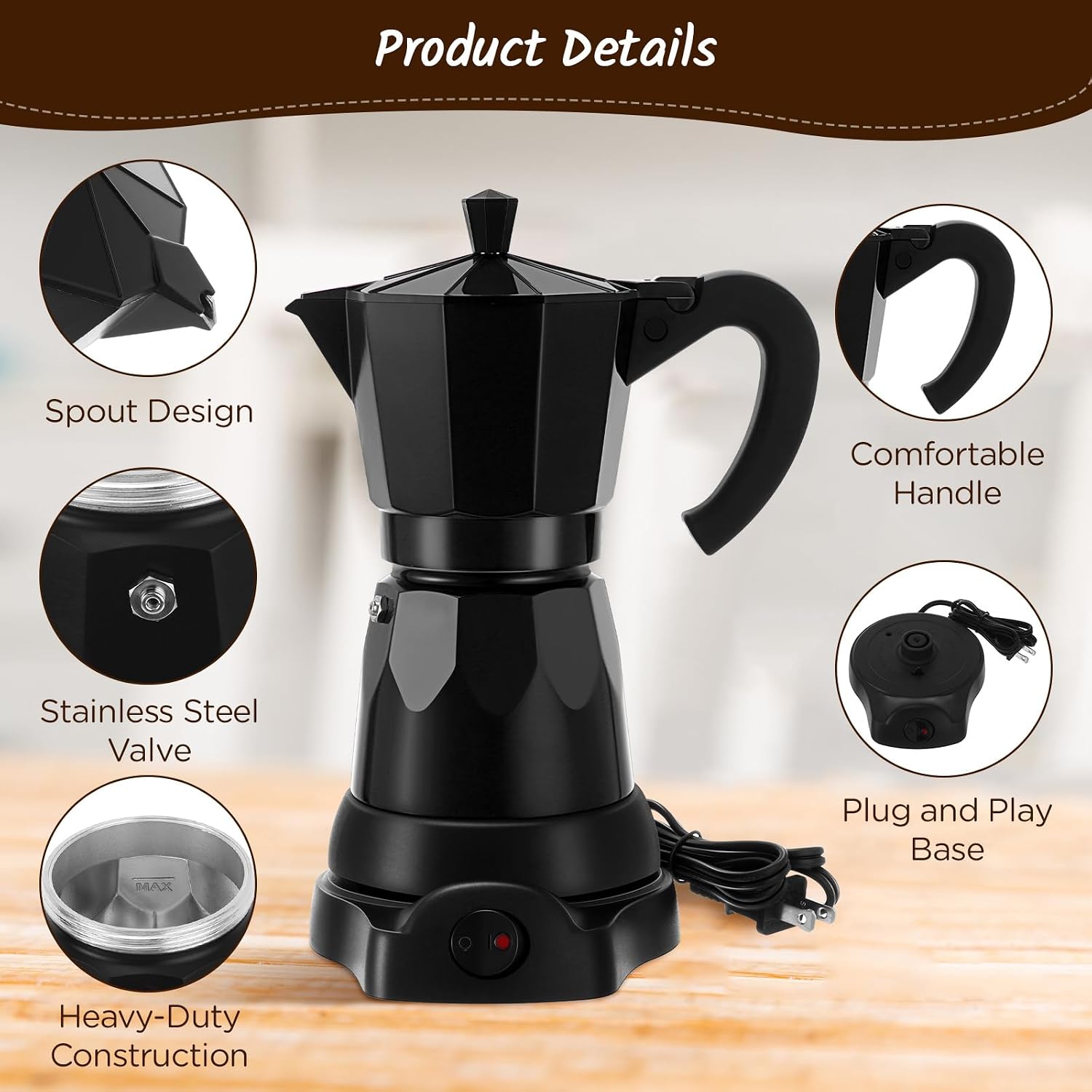 Coffee Pot 6 Cup Electric Espresso Coffee Maker Italian Moka Maker 300ml Portable Aluminum Espresso Machine Cafetera Moka Pot with Detachable Base, Gift for Home Travel(Black) - Image 4