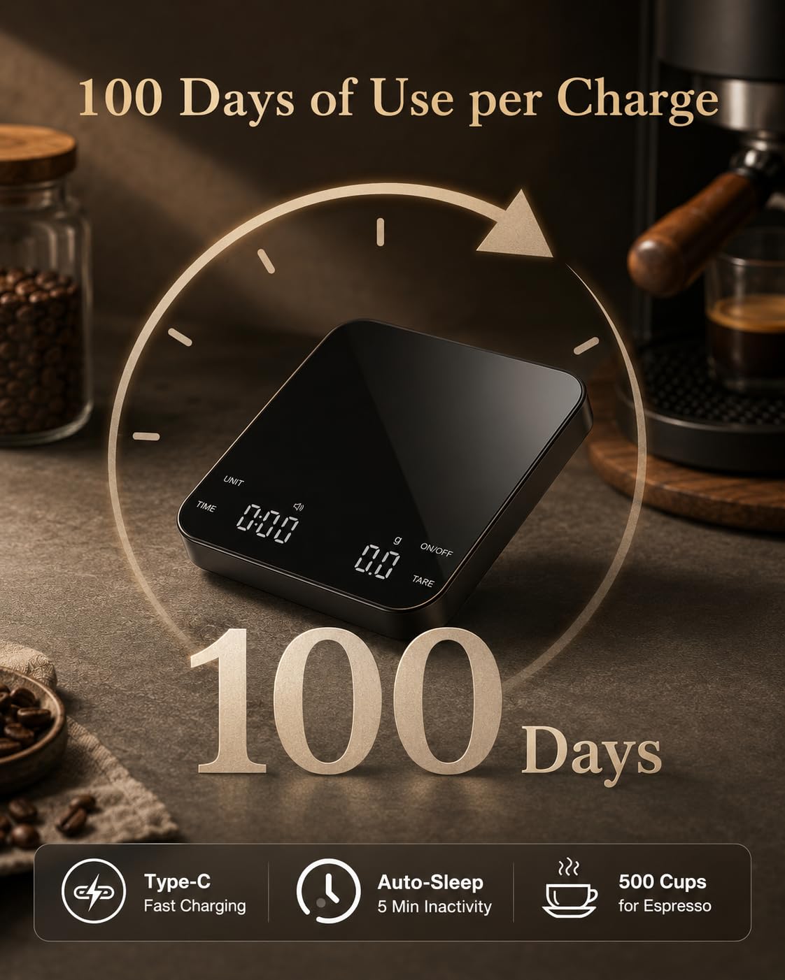 Coffee Scale with Timer, 0.1g Precision Mini Espresso Scale | USB-C Rechargeable Digital Kitchen Gram Meter, 6 Units, Fits Drip Tray, for Pour Over, Barista, Matcha (Black, 0.3-2000g) - Image 4