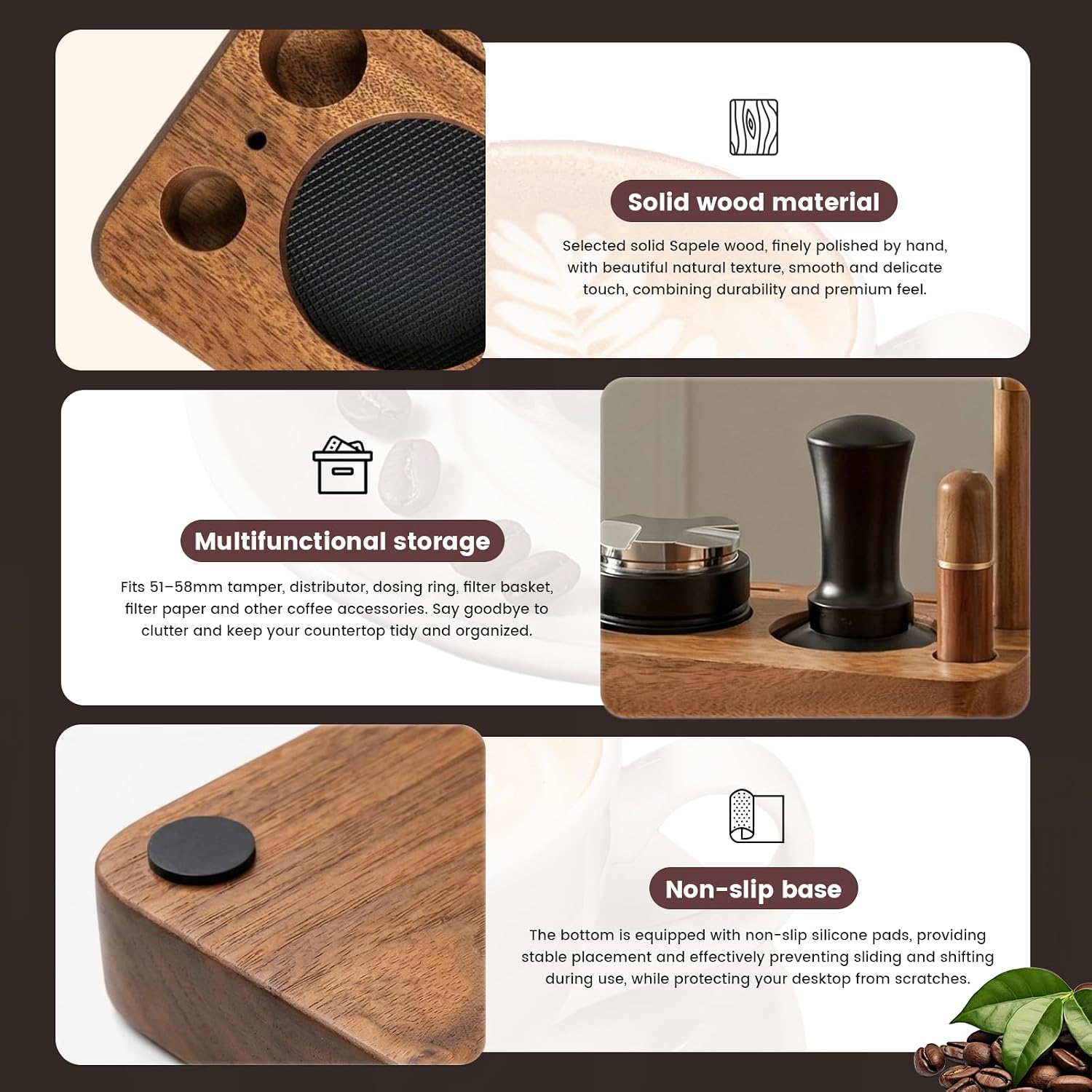 28-Piece 51mm Espresso Accessories Kit with Wood Tamping Station | Wood tamping station with tamper, distributor, WDT tool, dosing funnel, milk pitcher, puck screen and latte art accessories - Image 3