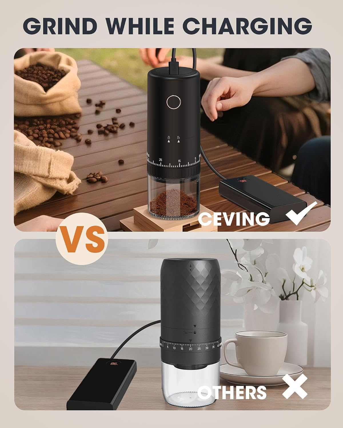 CEVING First Grind-While-Charging Rechargeable Coffee Grinder, 1.7X Faster Grinding with 38 External Adjustable Settings, Conical Ceramic Burrs & 2000mAh Battery, Portable for Travel, Camping, etc. - Image 4