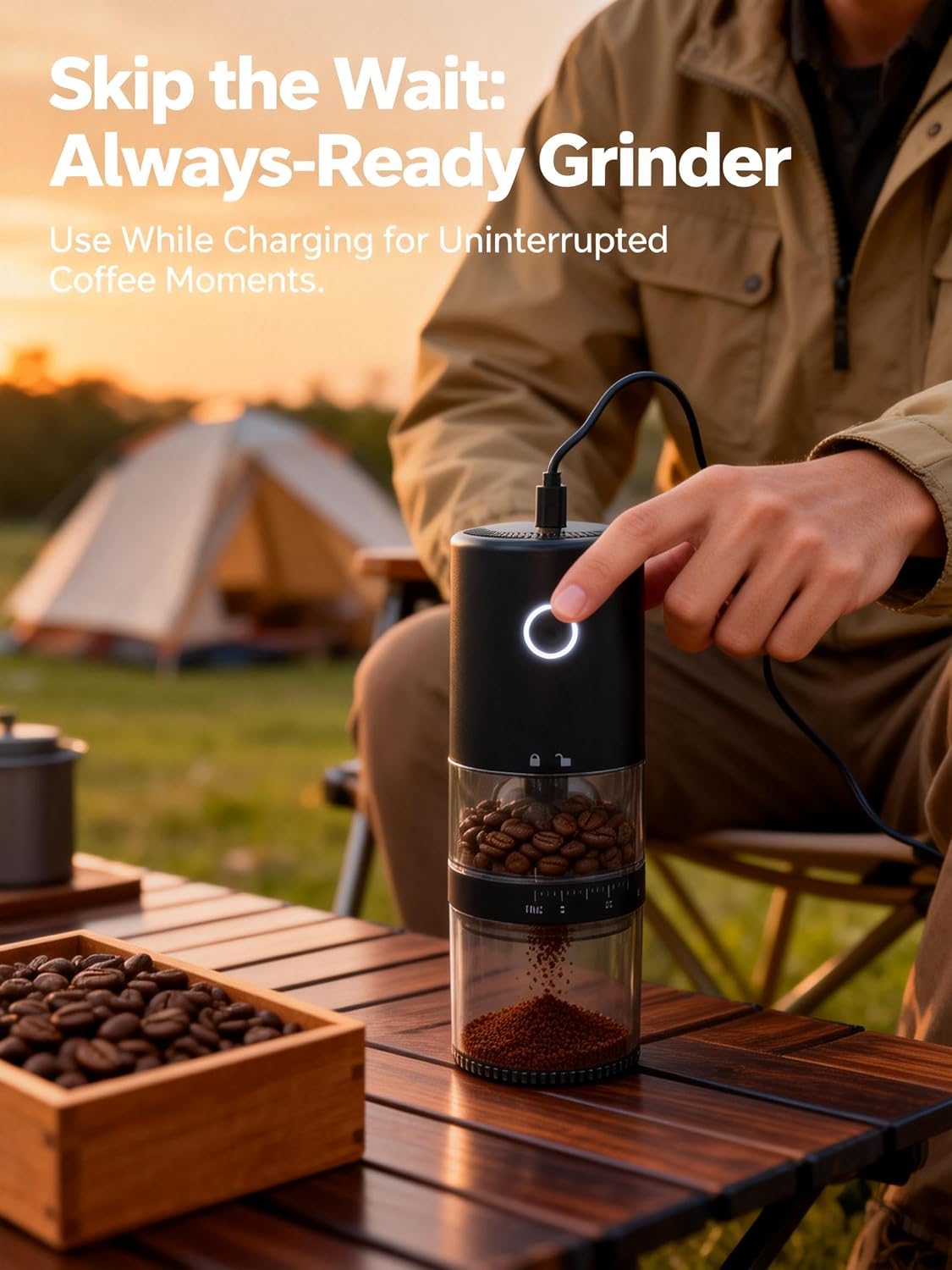 LAMIDO Portable Electric Burr Coffee Grinder - Grind While Charging - Visual Bean Hopper - 38 External Grind Settings - 1.8X Faster Grinding - 2000 mAh Battery for Travel, Camping - Matte Black - Image 5