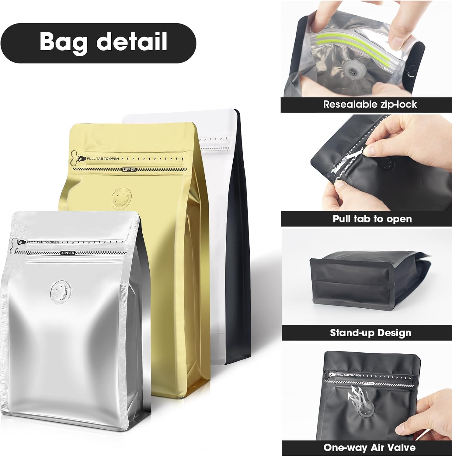 Coffee Bags with Valve(60pcs,8oz,1/2 lb) Vented Coffee Beans Packaging Bags High Barrier Aluminumed Foil Flat Bottom Heat Sealed Side Zipper Resealable Storage Bag for Home or Business(Black) - Image 6
