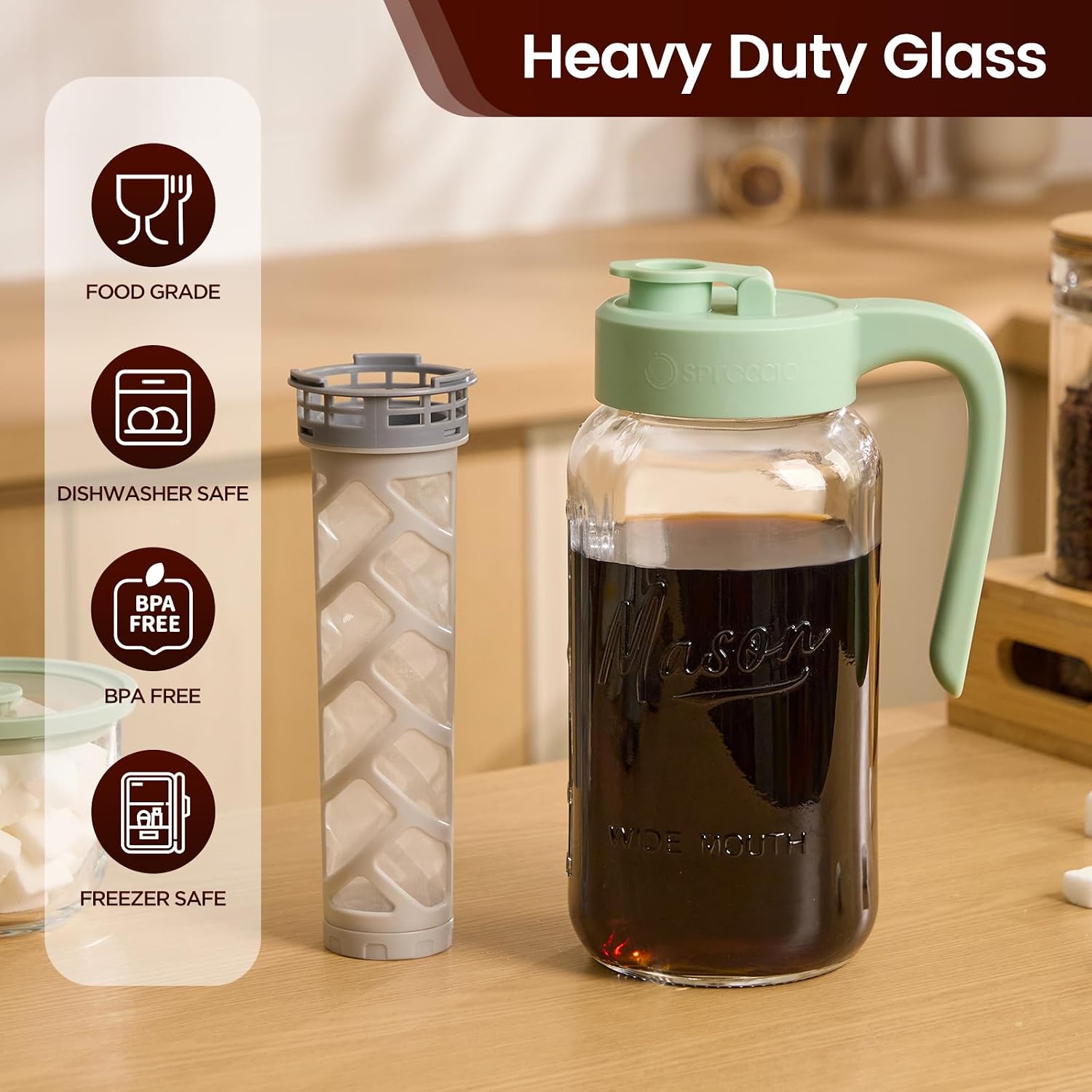 Cold Brew Coffee Maker Glass, Airtight & Leakproof Mason Jar Pitcher with Cold Brew Filter, 64 oz Glass Pitcher with Lid for Iced Coffee, Lemonade, Ice Tea - Image 5