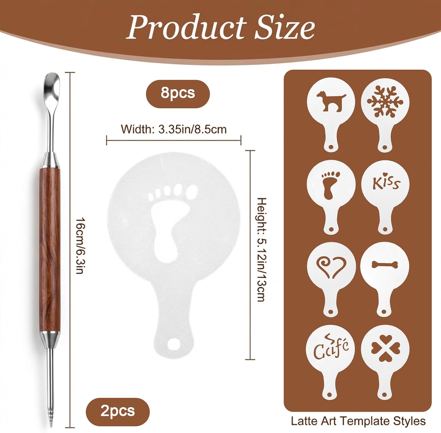 2 Pcs Latte Art Pen with Coffee Art Stencils, Coffee Drawing Tool with Wood Handle for Creating Professional Espresso Tools for Home & Cafe Use - Image 2