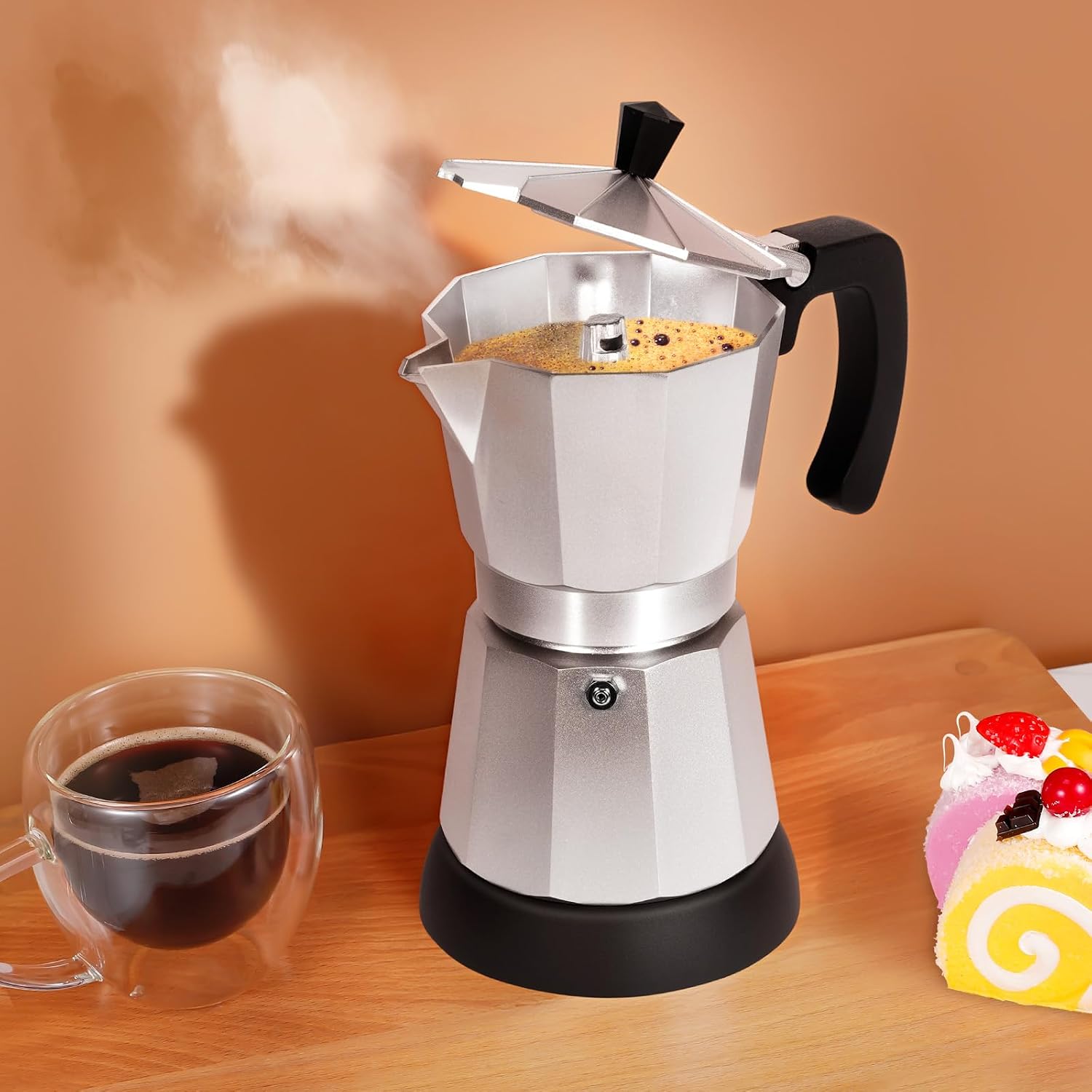 Silver Aluminum Electric Moka Pot, 3 or 6 Cups Espresso Maker with Dose Reduction Plate - Image 6