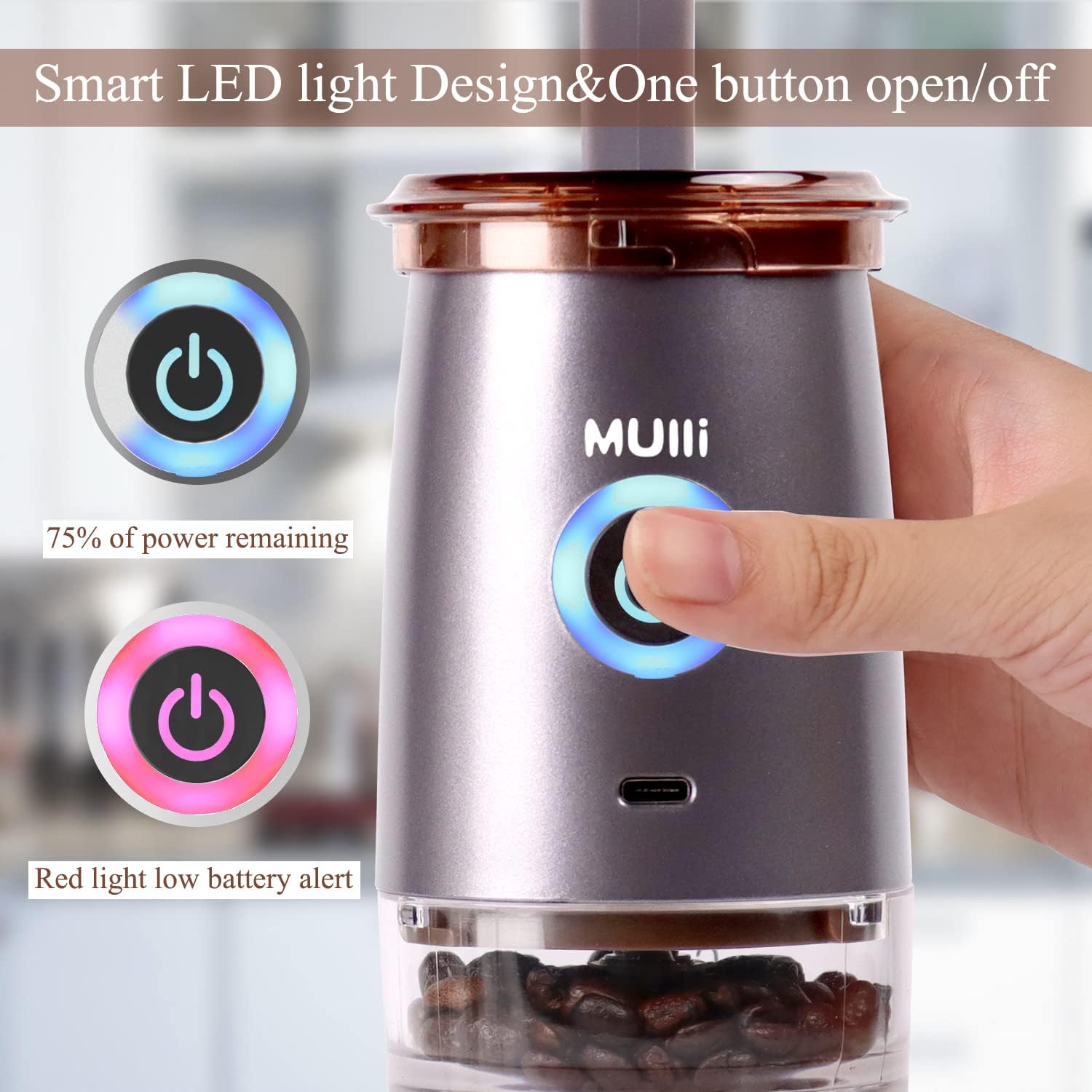 Mulli Portable Burr Coffee Grinder,Electric Cafe Grind, Adjustable Burr Mill with 5 Precise Grind Setting for Drip/Espresso/PourOver - Image 5