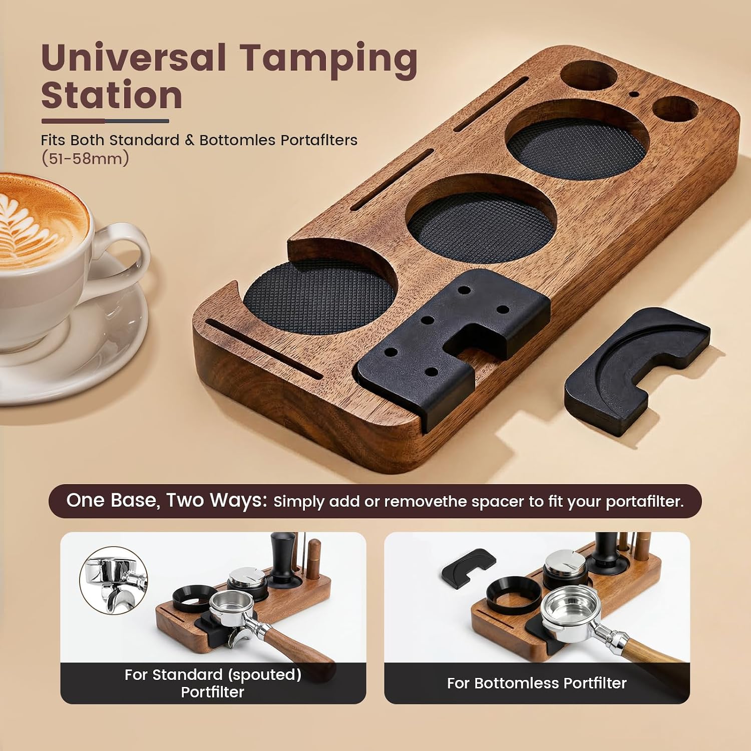 28-Piece 51mm Espresso Accessories Kit with Wood Tamping Station | Wood tamping station with tamper, distributor, WDT tool, dosing funnel, milk pitcher, puck screen and latte art accessories - Image 4