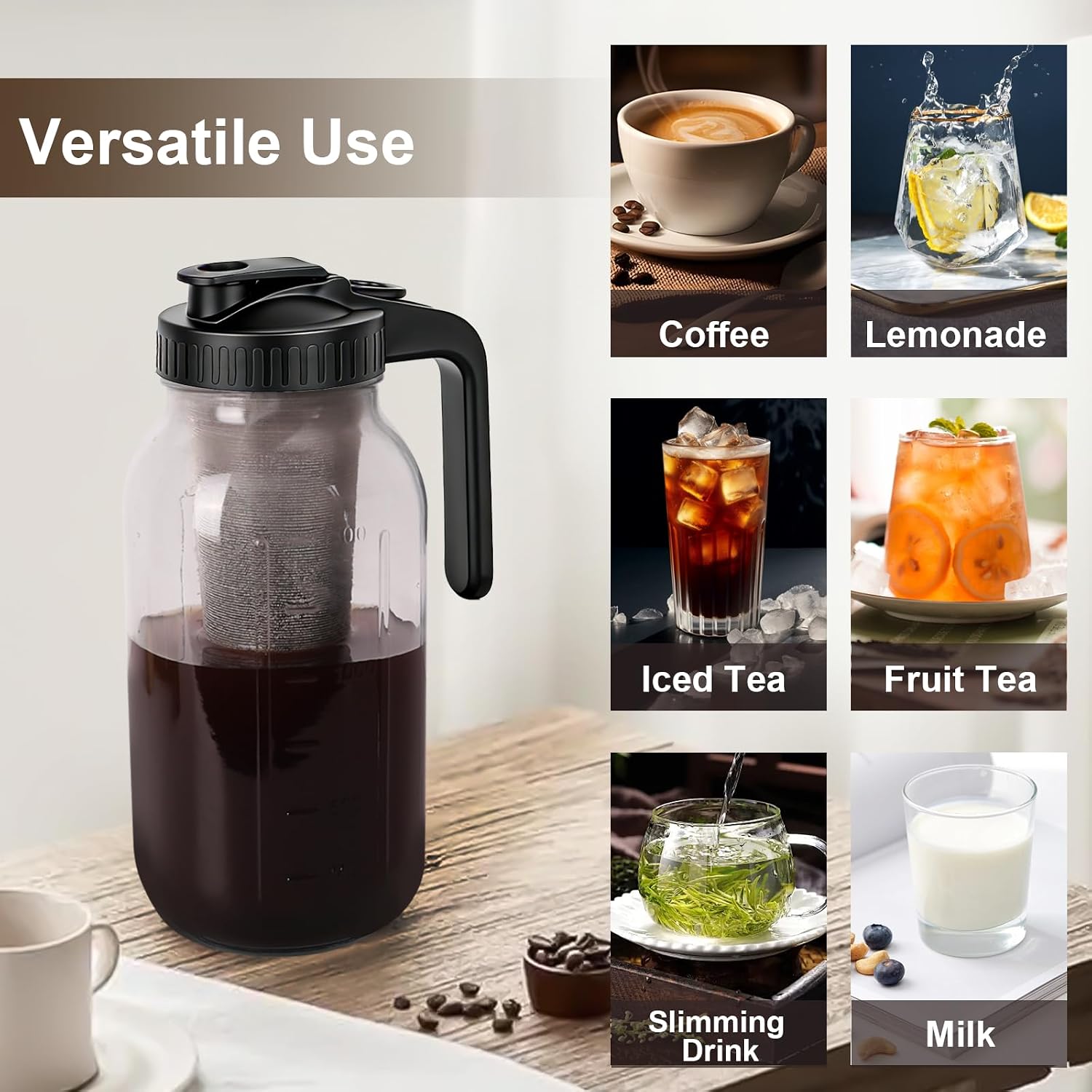 Cold Brew Coffee Maker - 64 Oz Heavy-Duty Glass Mason Jar Pitcher with Stainless Steel Filter, Leak-Proof Lid, Ergonomic Handle & Precision Pour Spout – Ideal for Iced Coffee, Tea, Cold Brew (Black) - Image 6