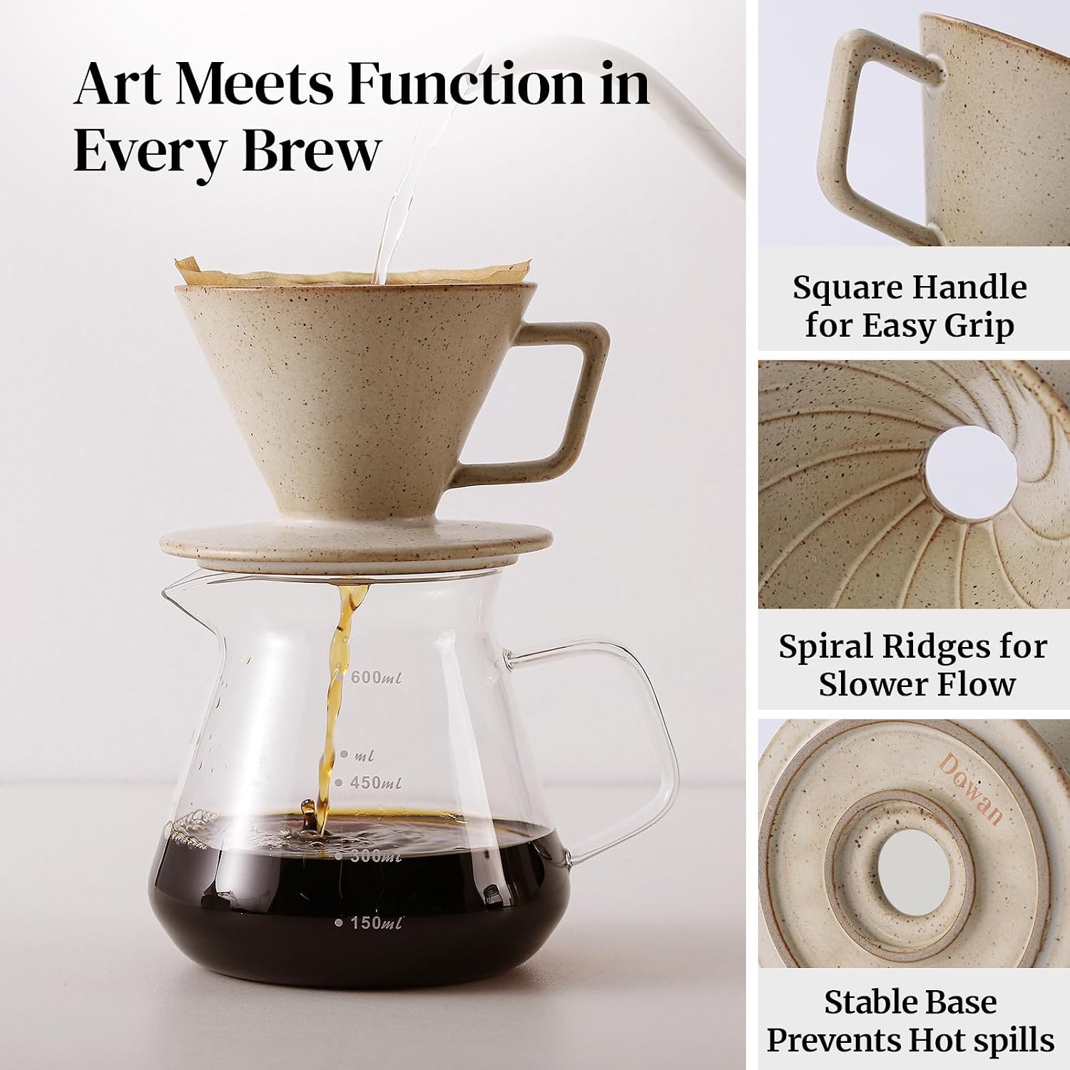 DOWAN Pour Over Coffee Maker, Non-Electric Pour Over Coffee Dripper, Manual Brew Maker, Single Cups Porcelain Slow Brewing Accessories for Gifts, Grey - Image 3