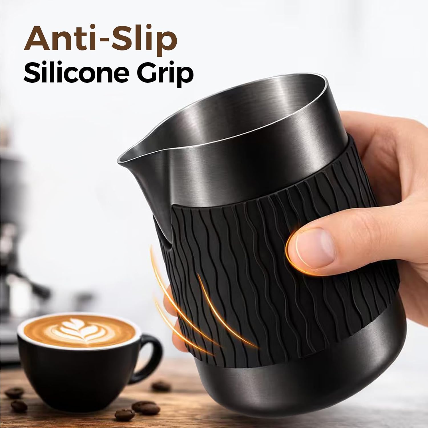 IKAPE Espresso Milk Pitcher, 15.04/450ml Milk Frothing Jug without Handle, Espresso Steaming Pitcher with Sharp Spout for Espresso Barista Tool(black) - Image 4