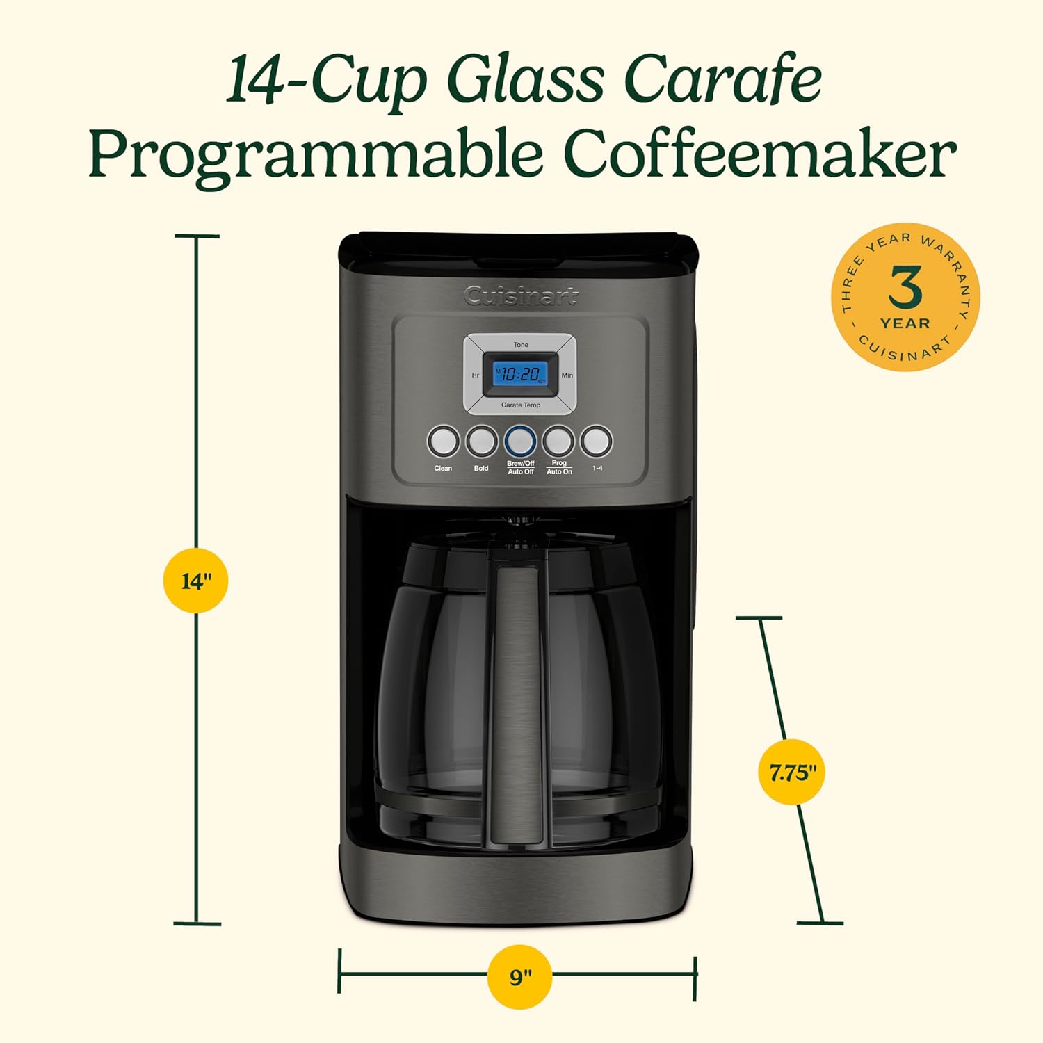 Cuisinart 14-Cup Coffee Maker, Programmable PerfecTemp Glass Carafe Coffee Machine with 1-4 Cup Setting, Brew Strength Control and Pause, Stainless Steel, DCC-3200BKSNAS, Black - Image 8