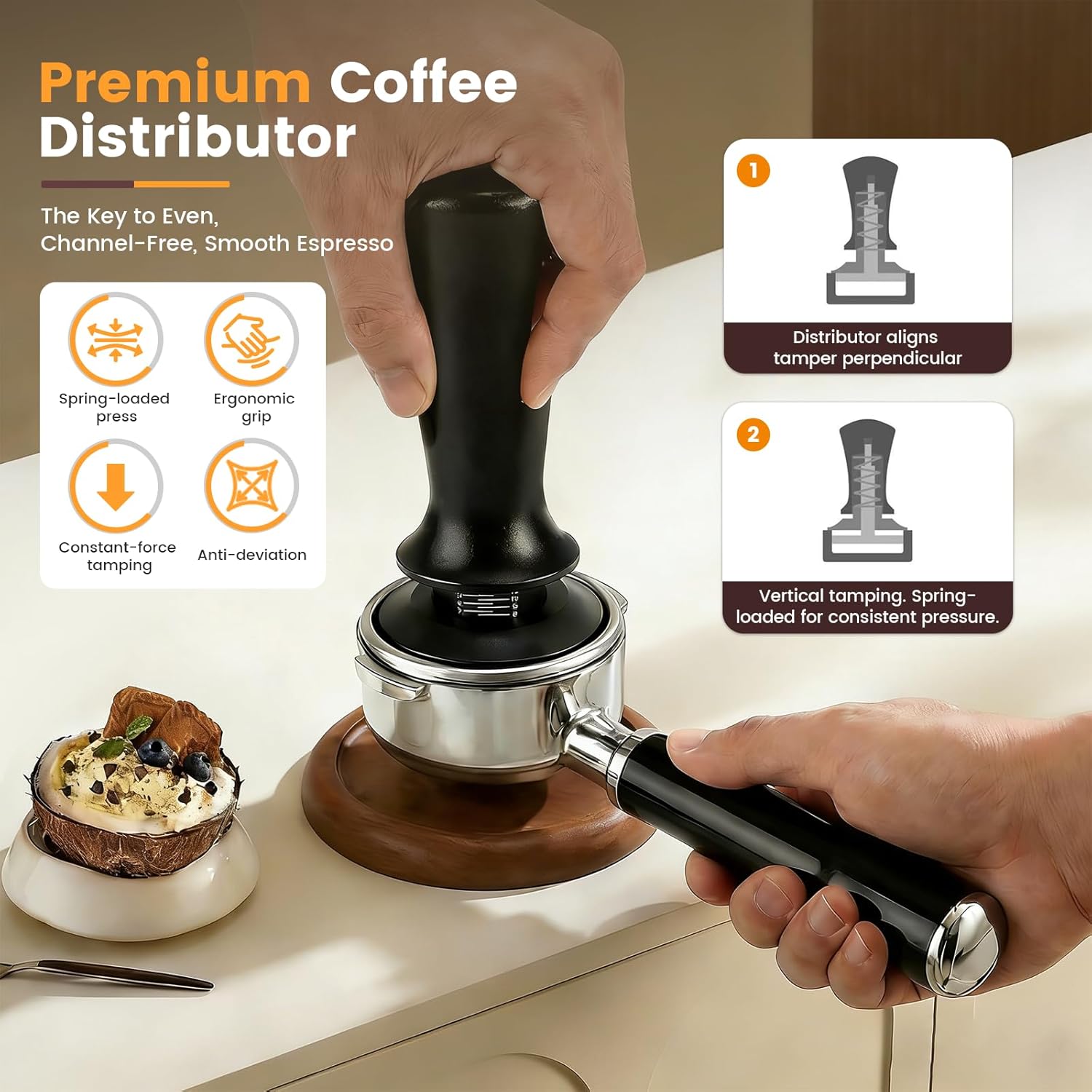 28-Piece 51mm Espresso Accessories Kit with Wood Tamping Station | Wood tamping station with tamper, distributor, WDT tool, dosing funnel, milk pitcher, puck screen and latte art accessories - Image 7