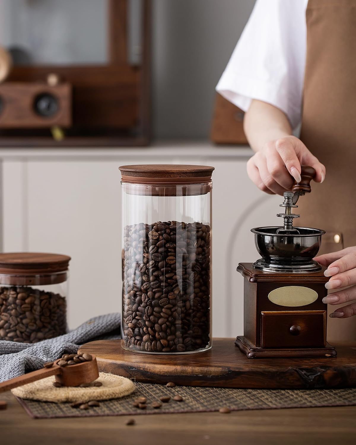 37 oz Coffee Canister with Scoop and Wooden Lids, Airtight Storage Container Sets of 2 for Ground Coffee & Beans, Glass Jars for Coffee Bar Organizer, Kitchen Countertop - Image 8