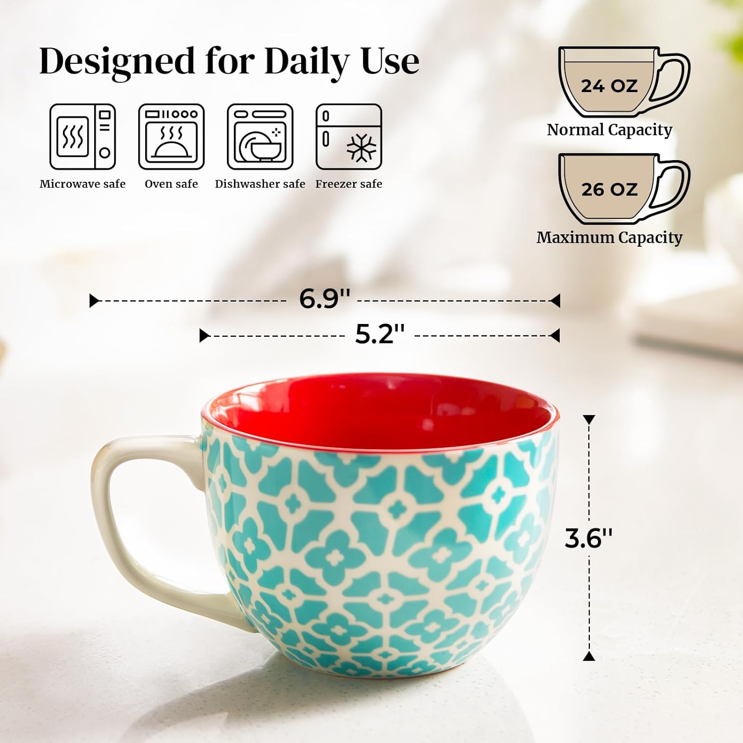 DOWAN Mosaian Soup Mugs, 24oz Large Coffee Mugs Set of 4, Soup Mugs With Handles, Ceramic Mugs for Soup/Coffee/Cereal/Latte, Thanksgiving and Housewarming Gifts for Family and Friends - Image 2