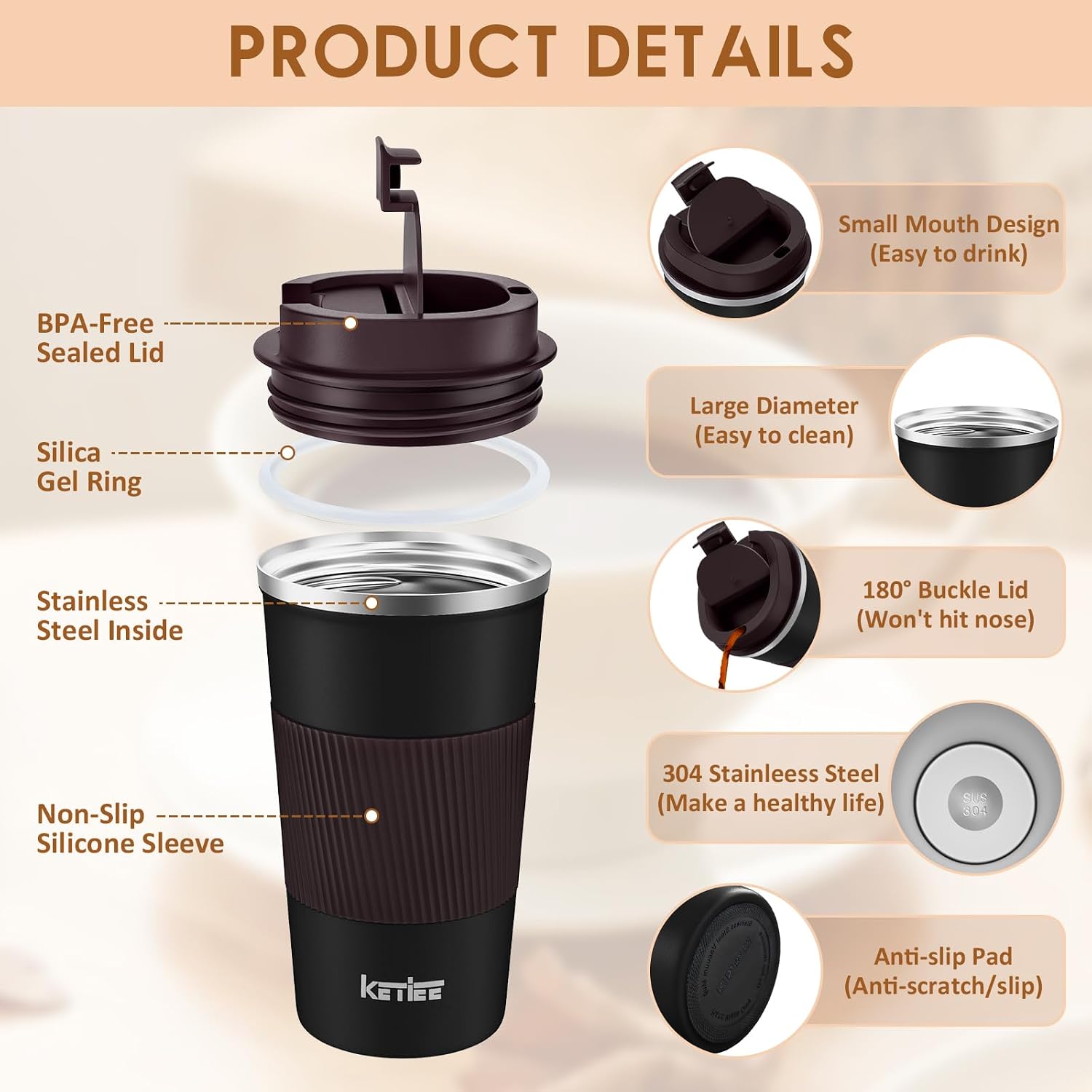 KETIEE Travel Mug, 12oz Insulated Coffee Cup with Leakproof Lid, Vacuum Stainless Steel Double-Wall Travel Coffee Mug Spill Proof, Reusable Tumbler for Men and Women for Hot & Cold Water Tea - Image 3