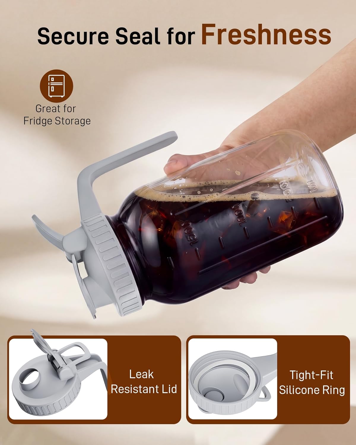 OneDream Cold Brew Coffee Maker - 2 Quart 64oz Stainless Steel Filter Cold Brew Pitcher Jar, No Leaks Cold Brew Mason Jar Coffee Maker, Easy to Clean Cold Coffee Maker - Image 6