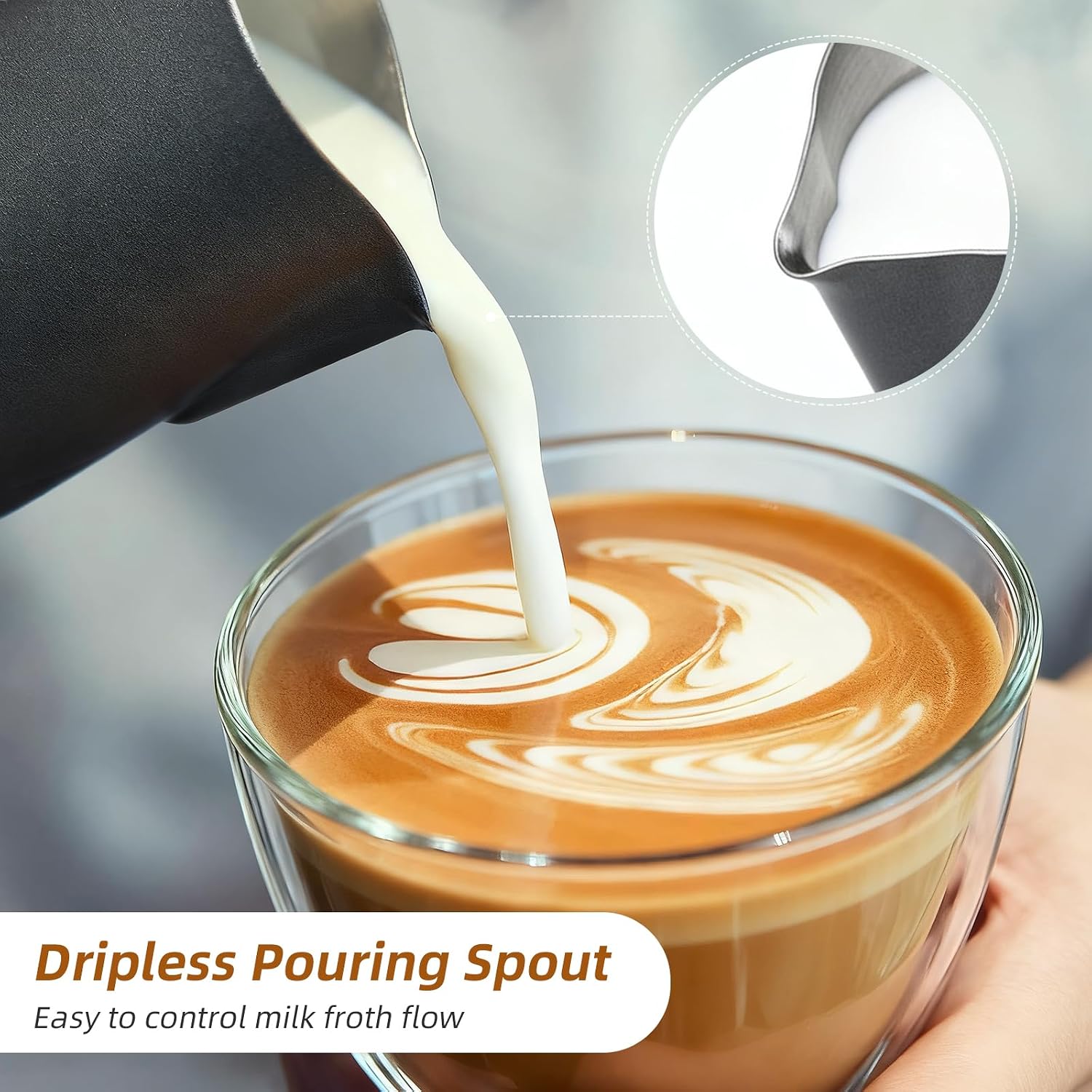Stainless Steel Milk Frothing Pitcher - 20oz (600ml), Espresso Steaming Pitcher with Anti-scald Handle for Coffee, Cappuccino, Latte Art,Black - Image 3