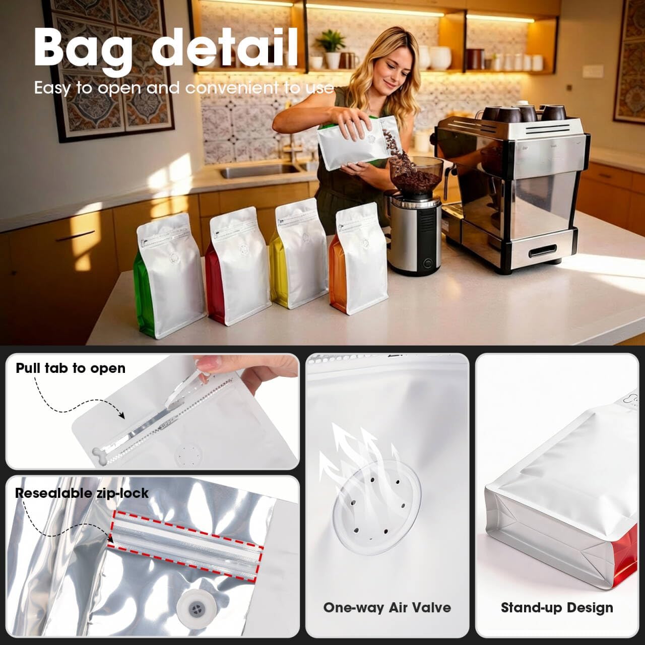 Coffee Bags with Valve(60pcs,16oz,1 lb) Vented Coffee Beans Packaging Bags High Barrier Aluminumed Foil Flat Bottom Heat Sealed Side Zipper Resealable Storage Bag for Home or Business(White+Orange) - Image 3