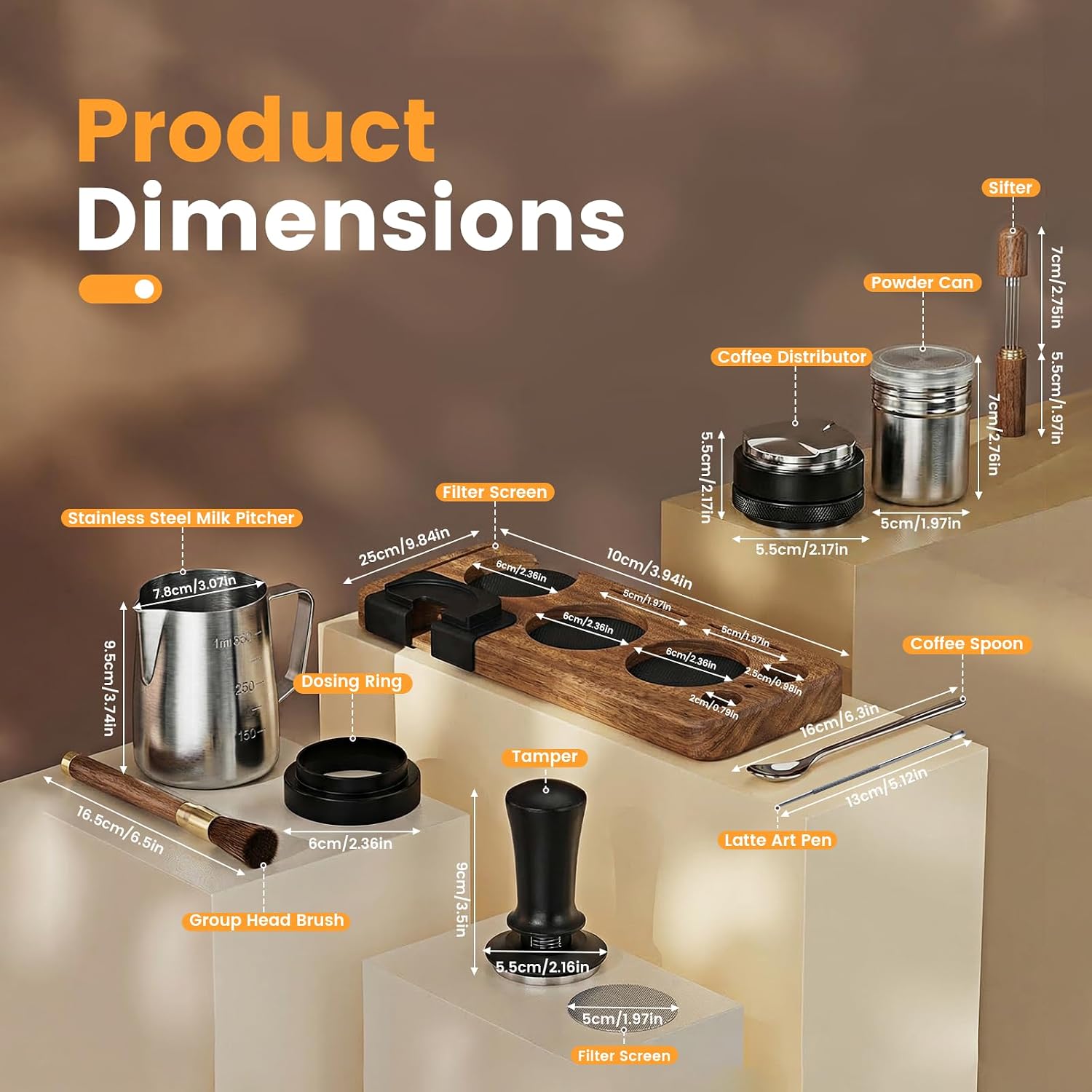 28-Piece 51mm Espresso Accessories Kit with Wood Tamping Station | Wood tamping station with tamper, distributor, WDT tool, dosing funnel, milk pitcher, puck screen and latte art accessories - Image 6