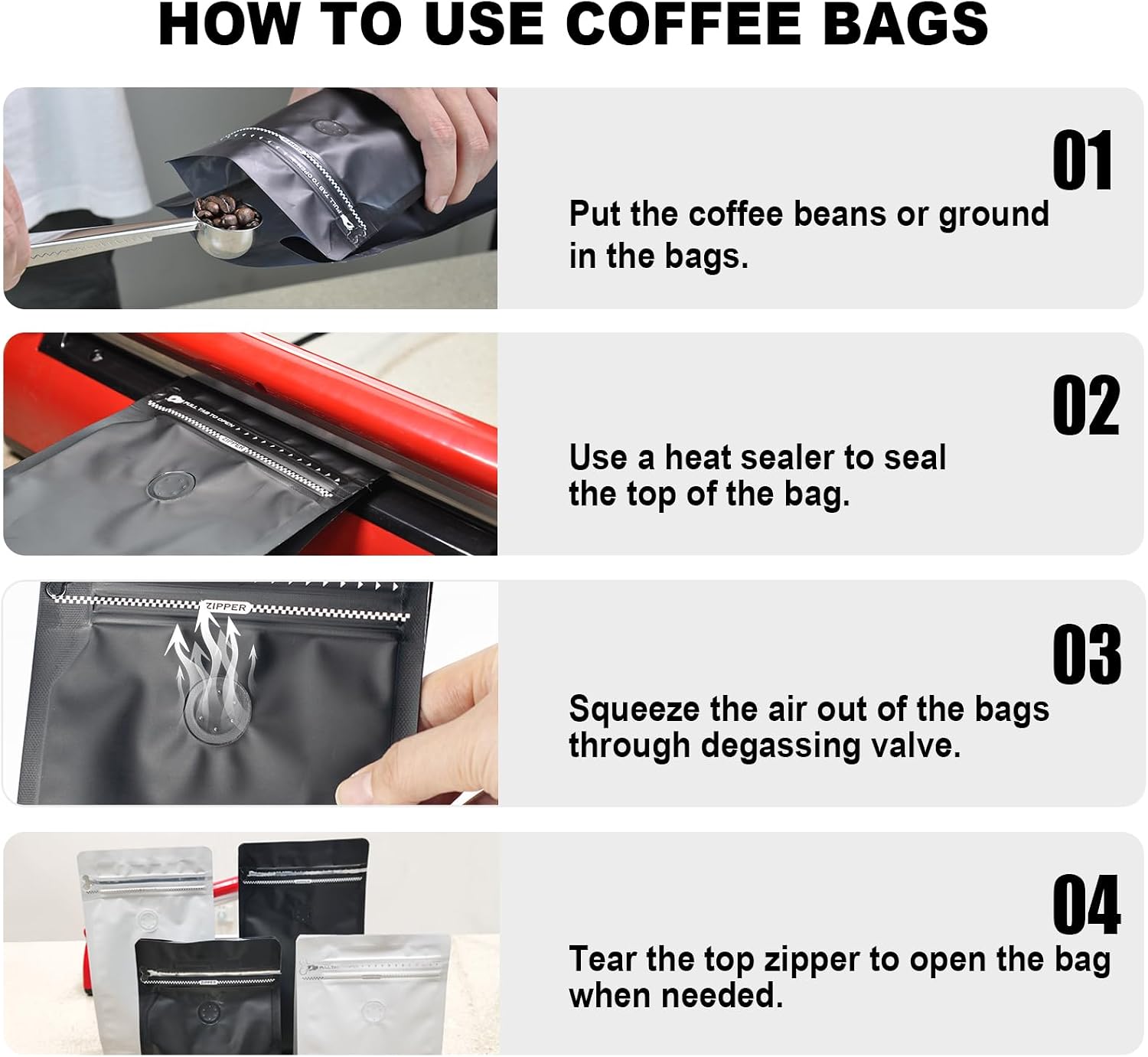 Coffee Bags with Valve(60pcs,8oz,1/2 lb) Vented Coffee Beans Packaging Bags High Barrier Aluminumed Foil Flat Bottom Heat Sealed Side Zipper Resealable Storage Bag for Home or Business(Black) - Image 5