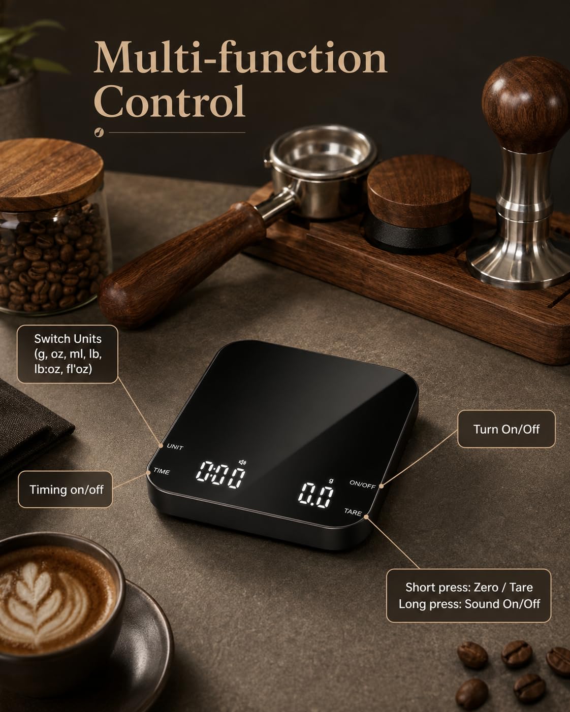 Coffee Scale with Timer, 0.1g Precision Mini Espresso Scale | USB-C Rechargeable Digital Kitchen Gram Meter, 6 Units, Fits Drip Tray, for Pour Over, Barista, Matcha (Black, 0.3-2000g) - Image 6