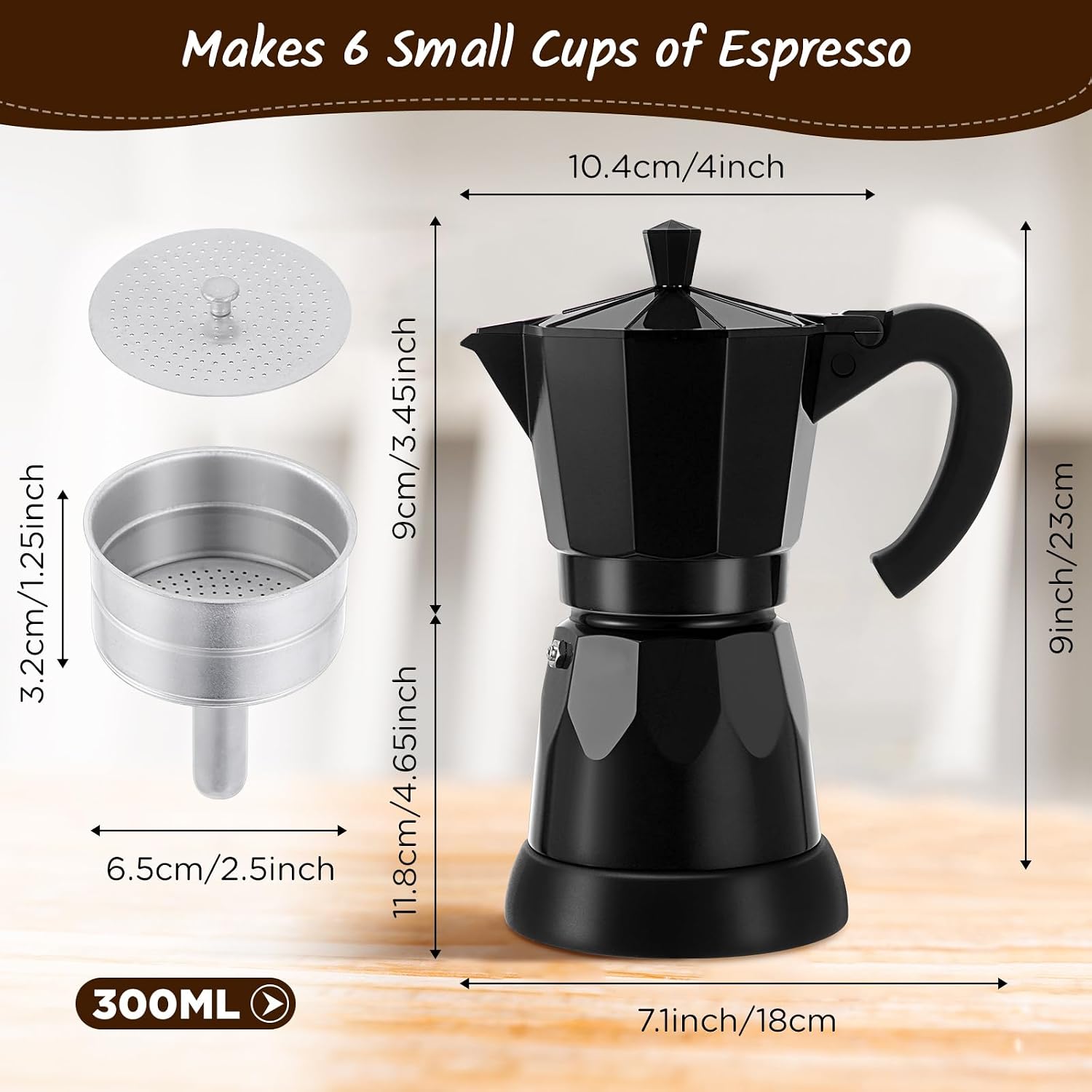 Coffee Pot 6 Cup Electric Espresso Coffee Maker Italian Moka Maker 300ml Portable Aluminum Espresso Machine Cafetera Moka Pot with Detachable Base, Gift for Home Travel(Black) - Image 3