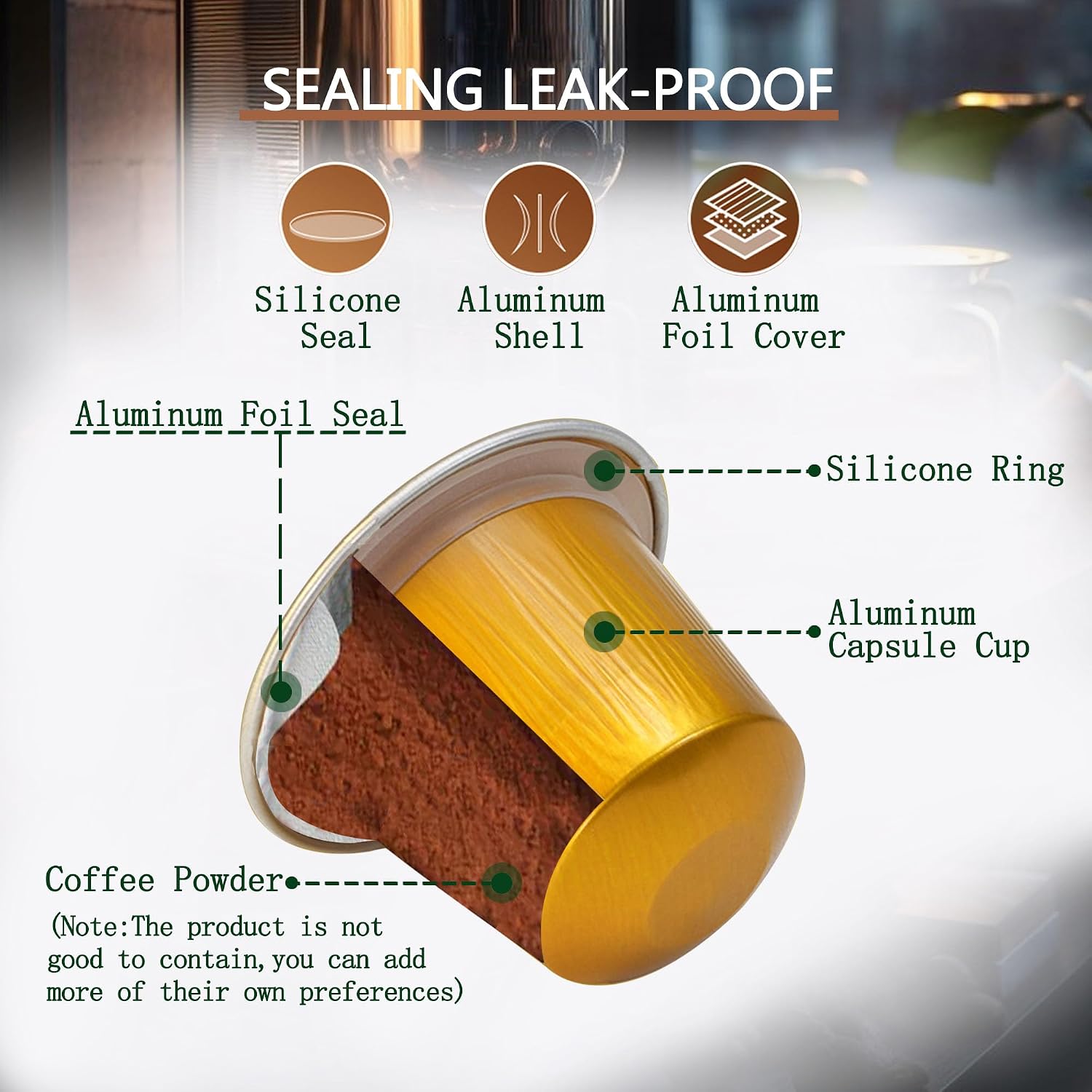 Espresso Capsules Refillable Coffee Pods For Nespresso Original Line,Disposable Aluminum Coffee Filter Capsule,Replacement Pods Kit For Nespresso Machine (60 Foil Seals Lids+60 Pods+1 Spoon) - Image 4